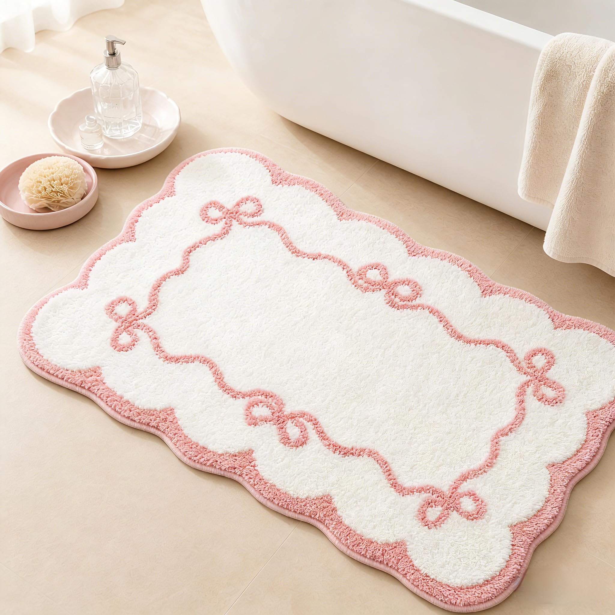 Softania Pink Scalloped Bow Bathroom Rug - 20x32 Inch Cute Coquette & Preppy Bath Mat for Apartment, Vanity & Dorm, Soft Plush Microfiber Mat,