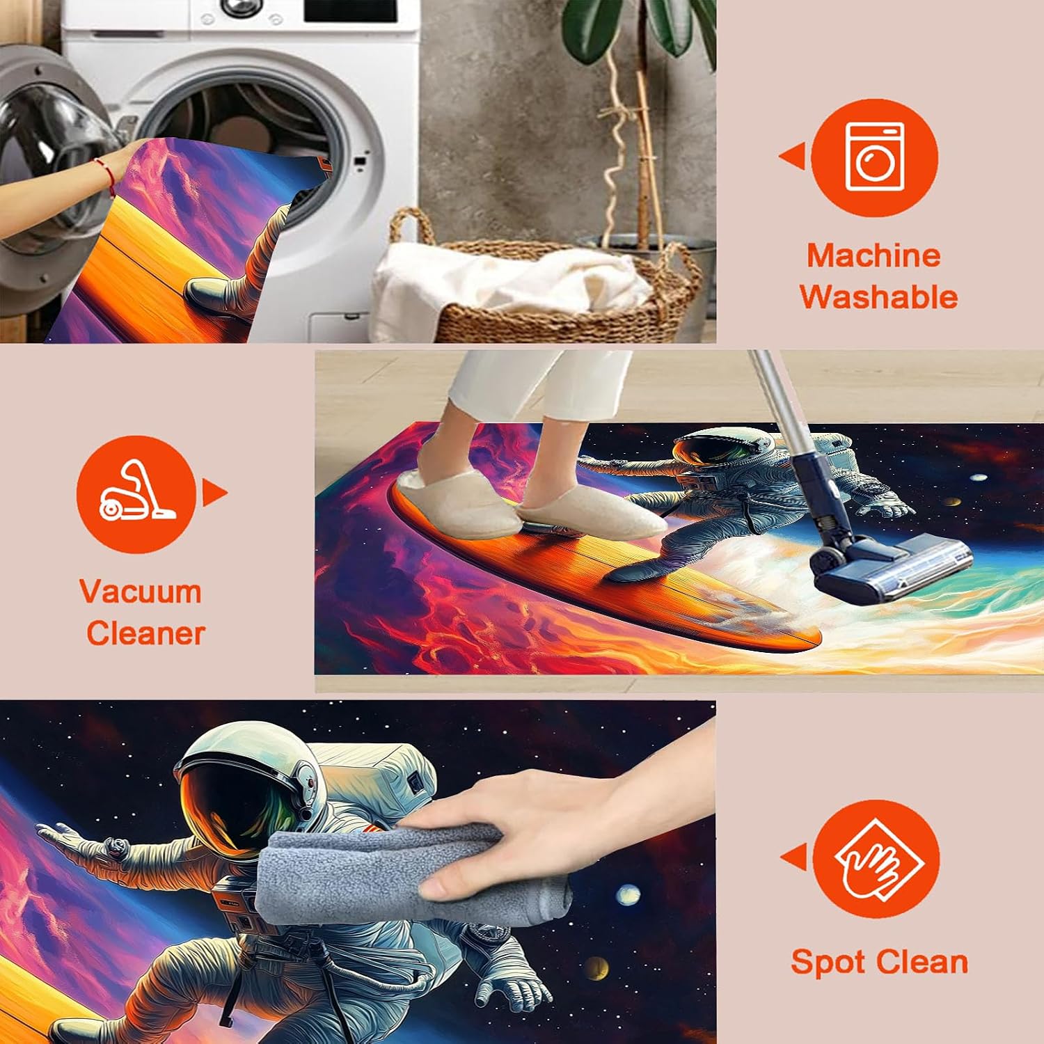 3X6 Washable Area Rug, Astronaut Surfing Low Pile Medium Living Room Rug with Non-Slip Backing Durable Edge Binding, Fantasy Space Soft Bedroom Rugs for Dining Room, Red and Black