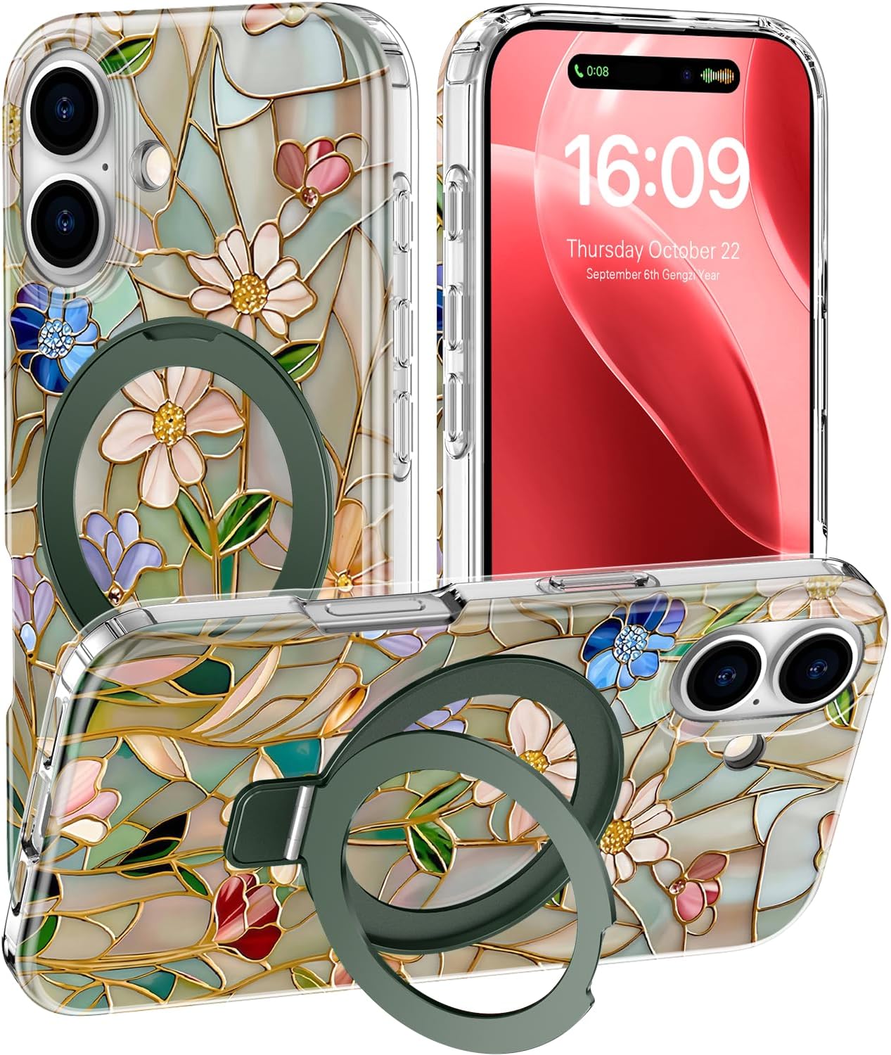 DEENAKIN for iPhone 16 Plus Case - Wireless Charging Compatible - Integrated Multi-Functional Kickstand - Protective Phone Case with Trendy Cute Designs for Women - Vibrant Colorful Flower