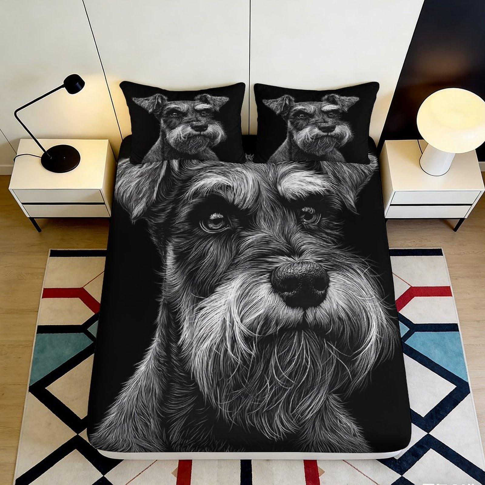 3D Printed Schnauzer Dog Fitted Sheet Microfiber Deep Pocket Bedroom Bedding Black Dog Mattress Fitted Cover Non Slip Elastic Hem 180x200x25cm