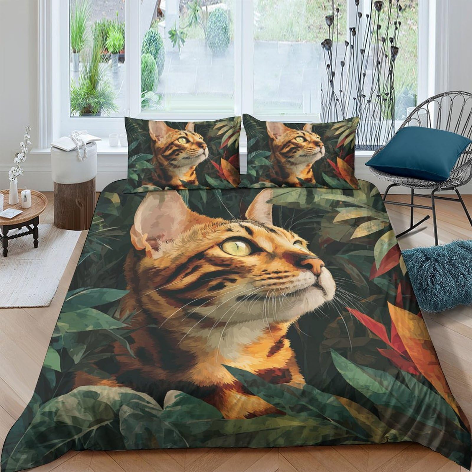 TUFRTGYHN 3D Printed Jungle Cat Duvet Cover Microfiber Breathable Wild Animal Bedding Set with 2 Pillowcases for Bedroom Home Decor Single（135x200cm）