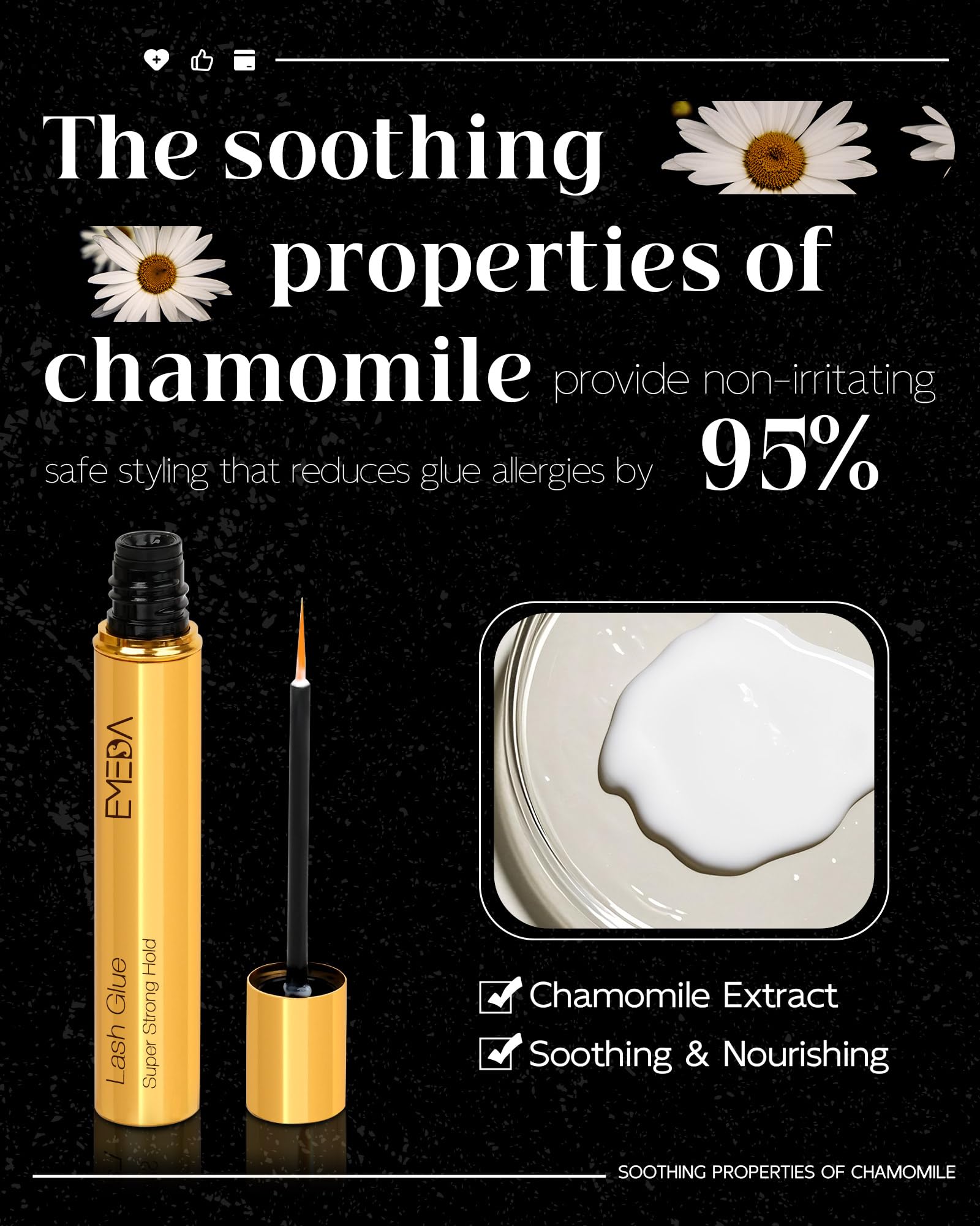 Lash Eyelash Glue Adhesive Waterproof - Chamomile Super Strong Hold Latex Free Hypoallergenic Formaldehyde-Free Strip Eyelash Adhesive 5ml 0.17fl.oz Clear Lash Glue by EMEDA