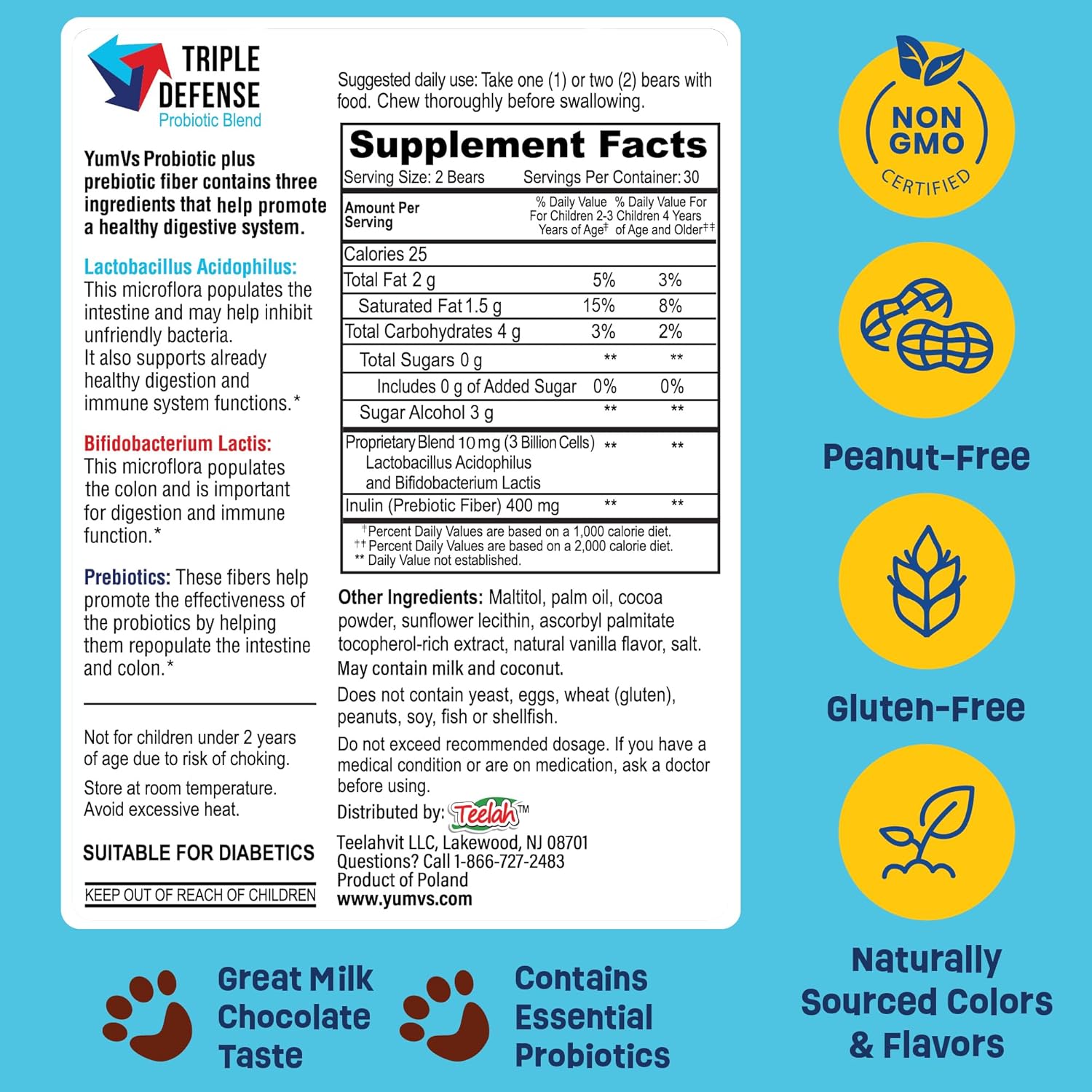 YUM-V'S Probiotic & Prebiotic Kids Sugar-Free Chocolate Chewable Fiber Supplement for Digestive Health (Toddlers, Kids & Teens) – 60 Chewables (2-Pack)