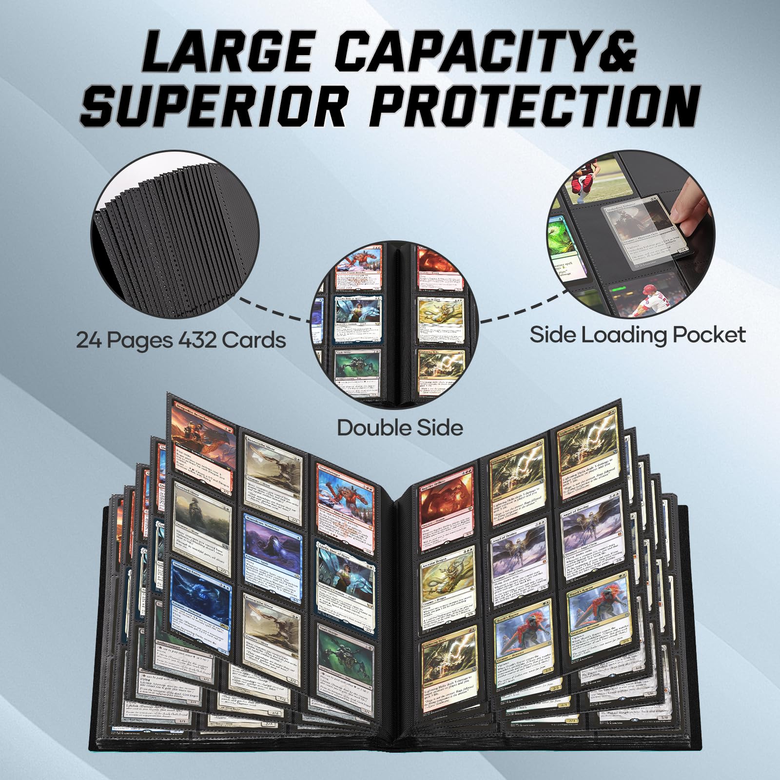 9 Pocket Card Binder,PU Card Ablums,Trading Card Binder Holder,432 Side Loading Pockets Sports Card Book Card Folder Card Album Card Holder Fit for MTG Football Play Cards (dark blue) - Image 3