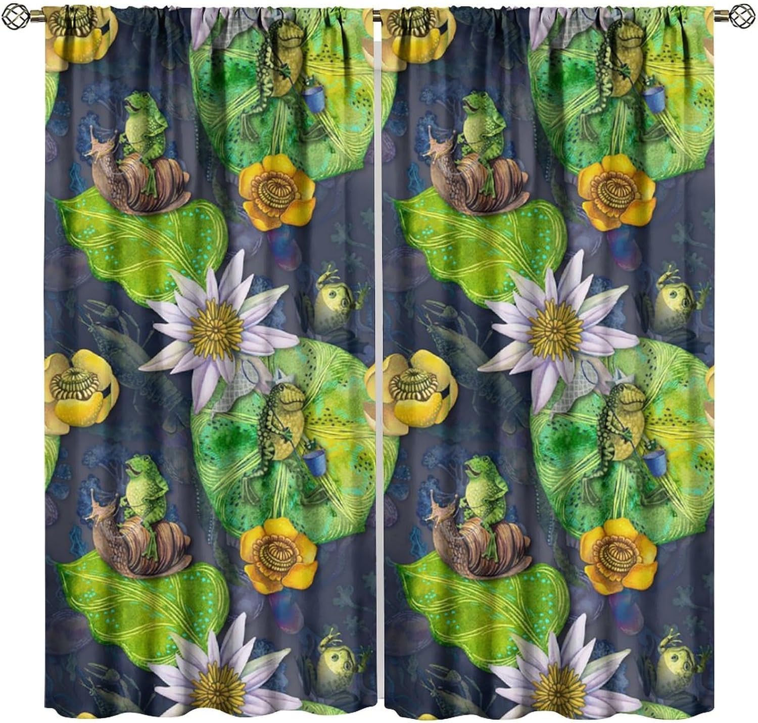 BenYaSong Cartoon Frog Blackout Window Curtain,Retro Cute Frog Pond Water Lilies Frogs Sunflower for Home Kitchen Livingroom Coffee Room Window Drapes 2Panel 84" W X 84" L