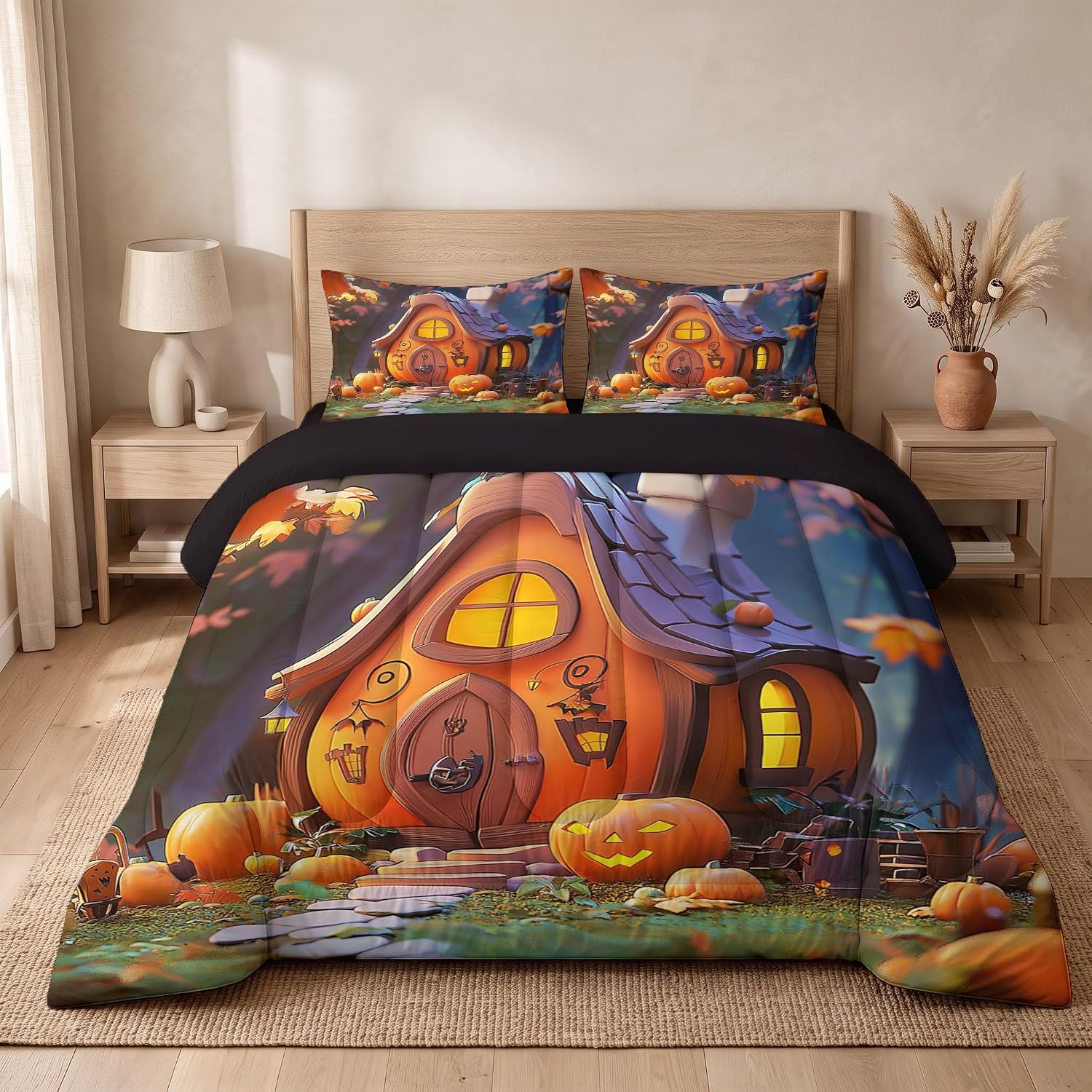 Halloween Fairy Tale Quilt Queen Size Warm Orange Quilt Bedding Set | 3 Pieces Soft Lightweight Microfiber Forest Cabin Pumpkin Bedspread Coverlet Set for All Season, 90"X90"