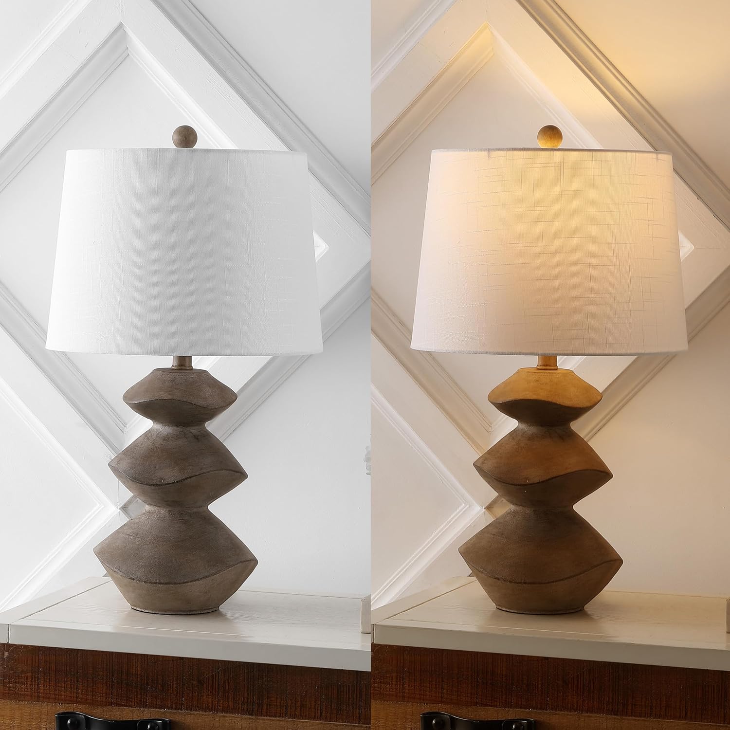JONATHAN Y 24.5" Brown Wood Finish Coastal 3-Stack Cairn LED Table Lamp for Living Room, White Linen Shade, Rustic Mid-Century Modern Bedside Lamp for Bedroom Office JYL4061A