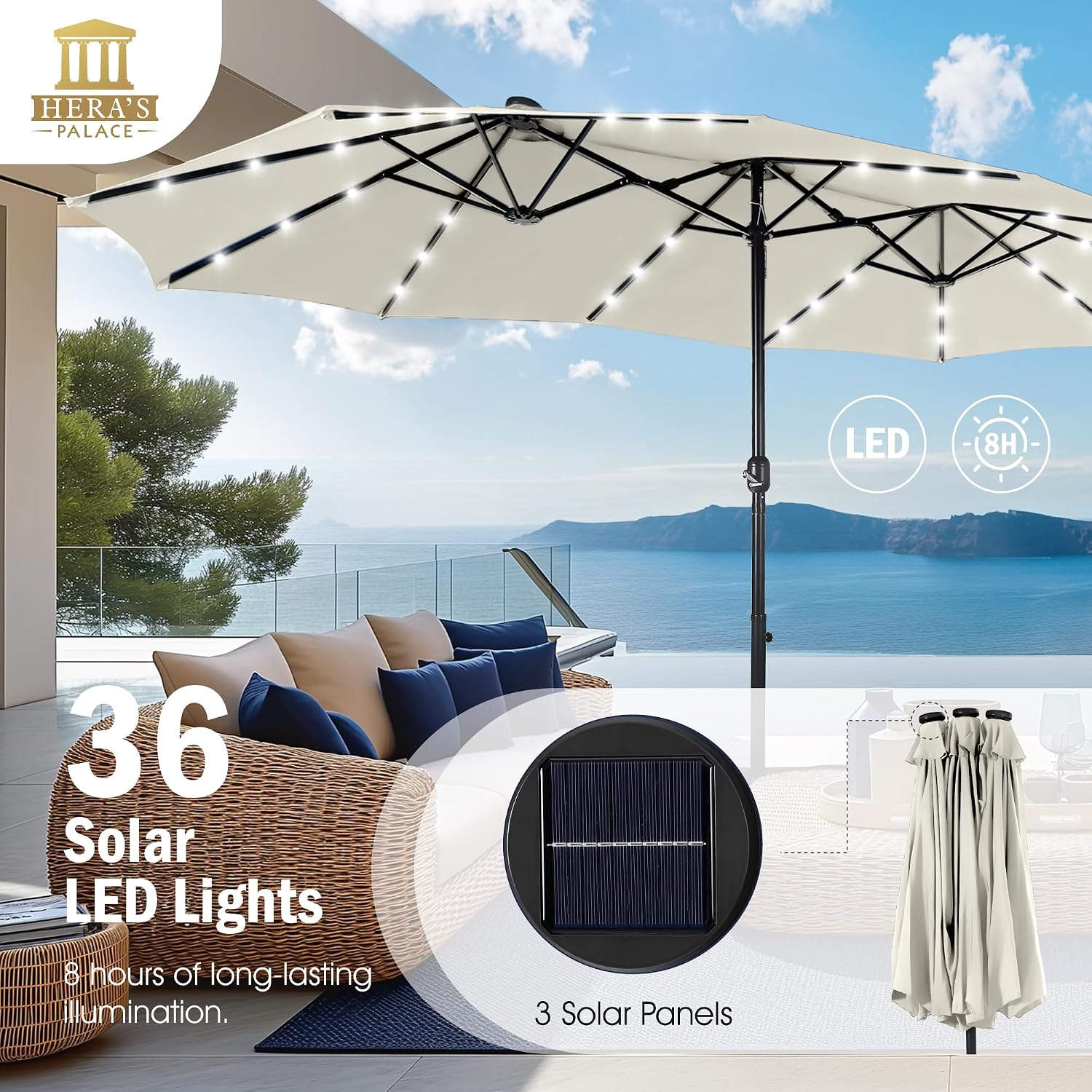 HERA'S PALACE 15ft Patio Umbrella with Base Included Double Sided Outdoor Umbrella for Patio Table Umbrella Outdoor 36 LED Solar Lights for Garden