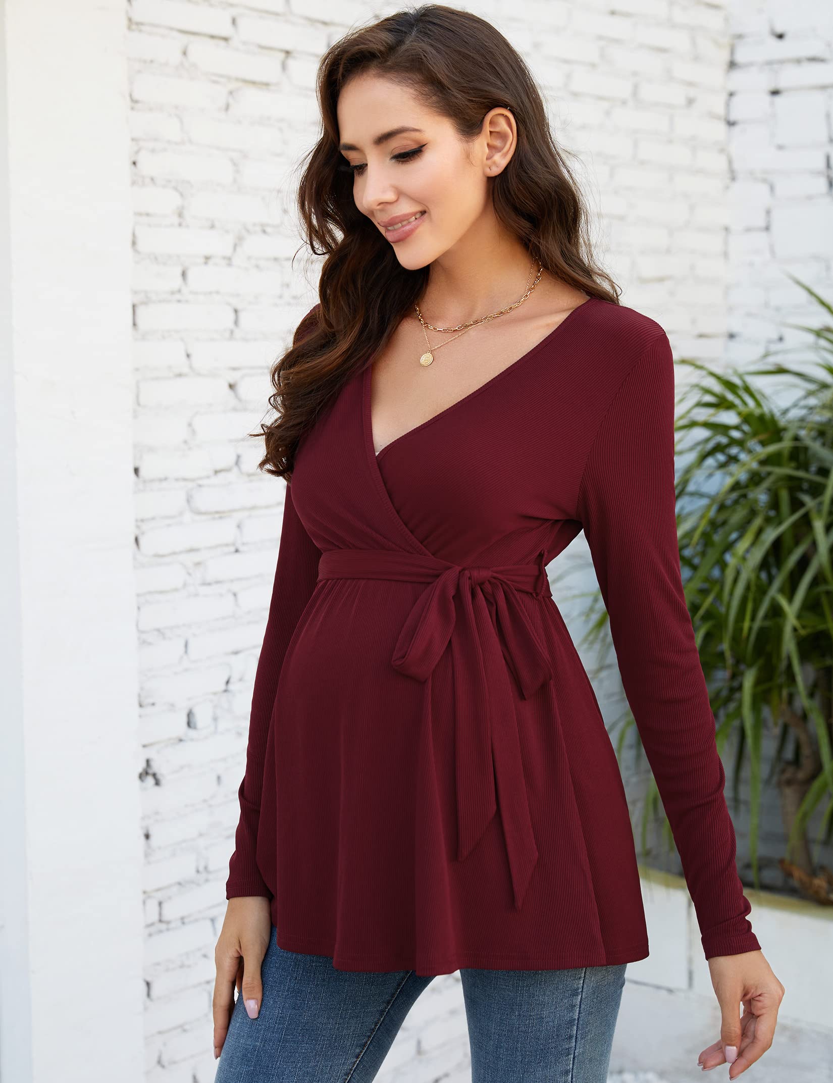 KOJOOIN Chemise d'allaitement pour Femme Chemise De Maternité Col en V À Manches Longues Hauts d'allaitement avec Ceinture Vêtements De Maternité