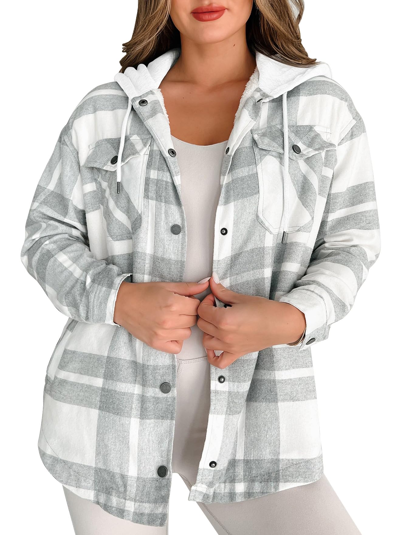 Merryfun Womens 2025 Flannel Plaid Shacket Jacket Sherpa Fleece Lined Oversized Button Up Hooded Warm Coats with Pockets