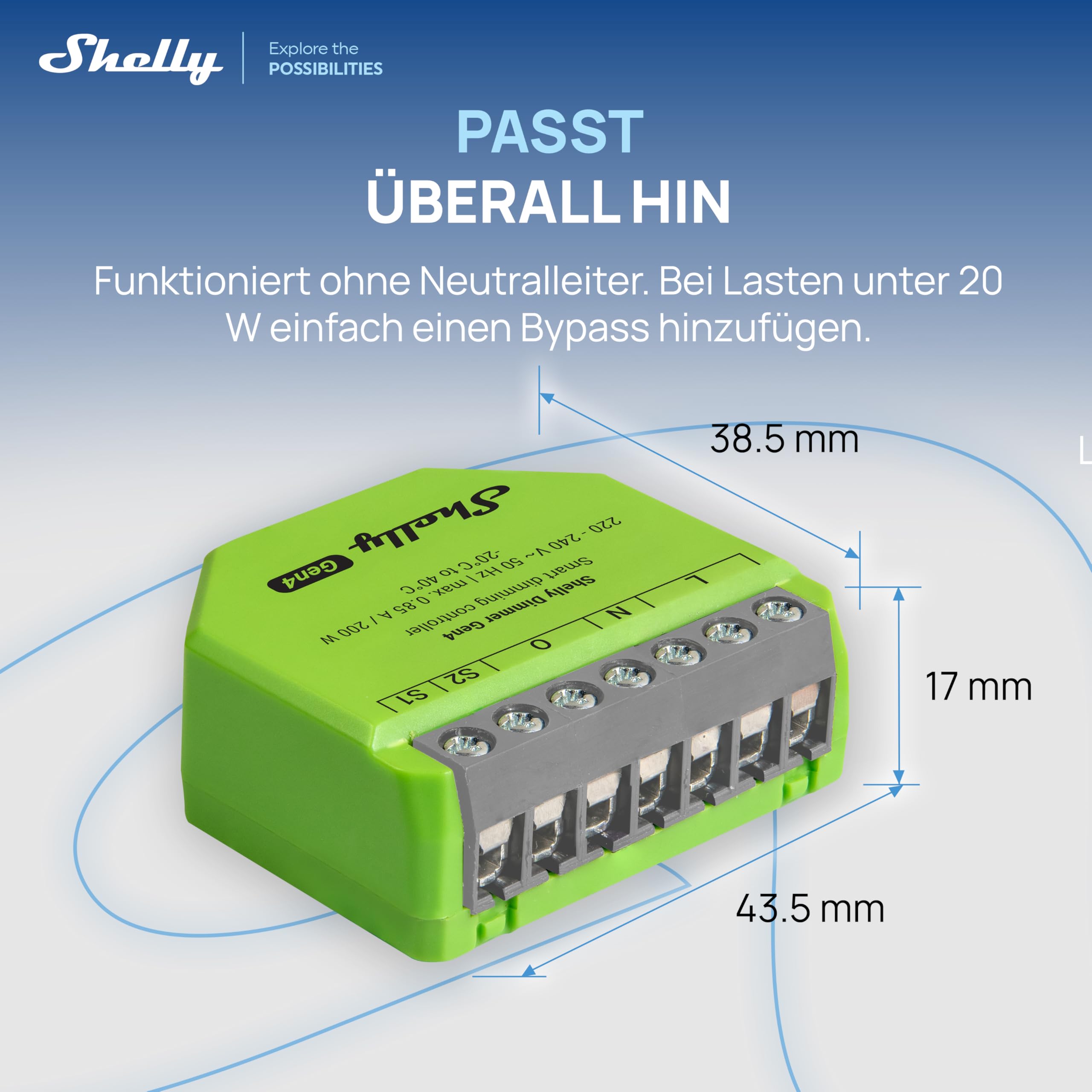 Shelly Dimmer Gen4 - WLAN Smart Dimmer, Matter-Zertifiziert, Dimmbare Lichter, Zigbee Lichtschalter, LED-Streifen, Zeitschaltuhr, Kein Neutralleiter, Kein Hub Еrforderlich, Alexa, Google & HomeKit