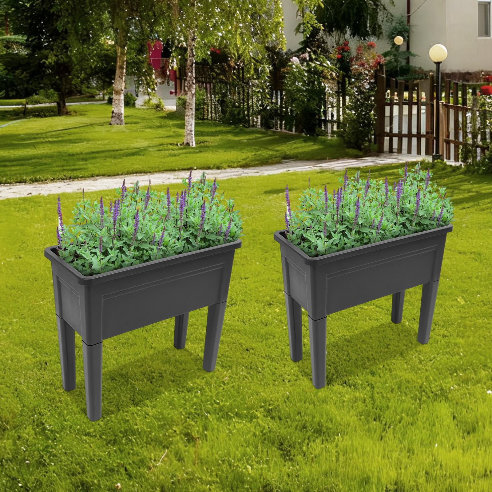 Juego de 2 bancales altos de material PP, 25 kg por parterre, cama para plantas con patas, 75 x 34,5 x 65,5 cm, con sistema de drenaje y tapones de goma, caja rectangular de jardín para balcón y