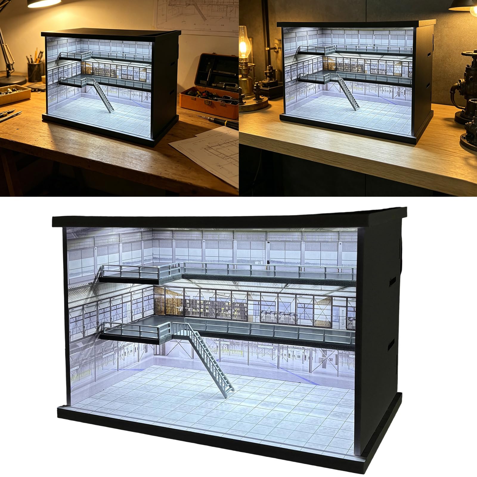 Vetrina per garage in PVC con illuminazione, scatola di esposizione per auto a più livelli per scrivania da collezione in scala 1/64, supporto per auto in alluminio pressofuso per parcheggio in