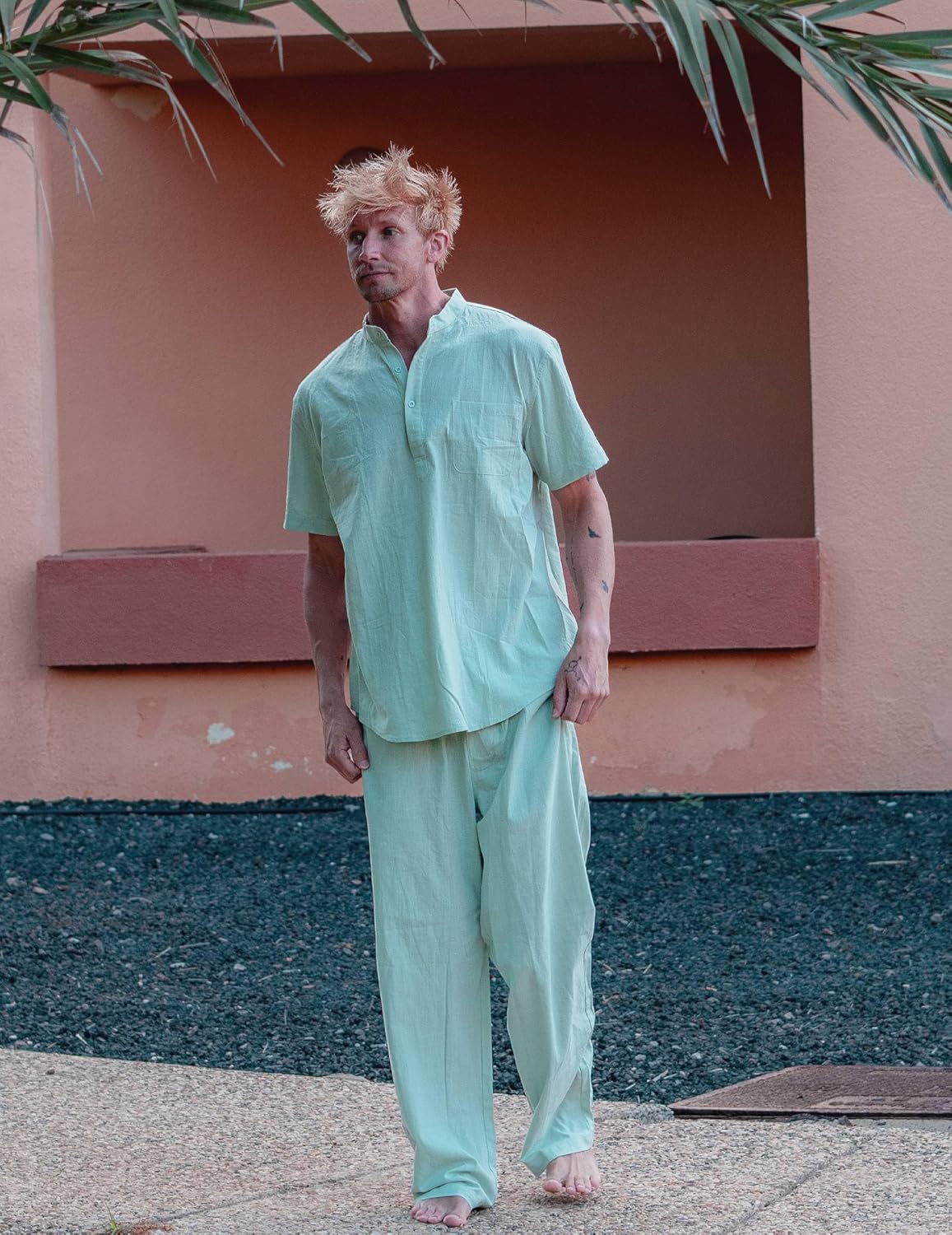 COOFANDY Men's 2 Pieces Cotton Linen Set Casual Short Sleeve Henley Shirts Beach Yoga Pants Summer Outfits - Image 3