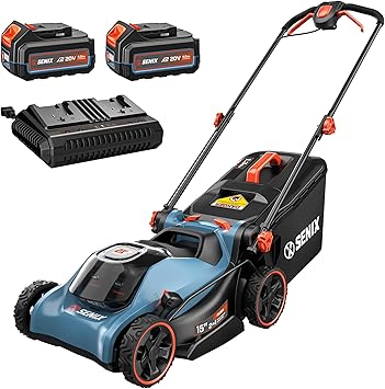 SENIX 40V 15 Cordless Lawn Mower - 1.3 Bushels Grass Bag, 2 4Ah Batteries & 3.0A Charger Included