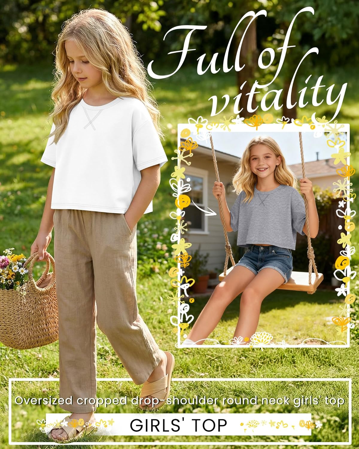 4 Pack Girls Oversized Crop Tops Short Sleeve 5-14 Years Drop Shoulder Crew Neck T-Shirts Kids Casual Athletic Tee - Image 3