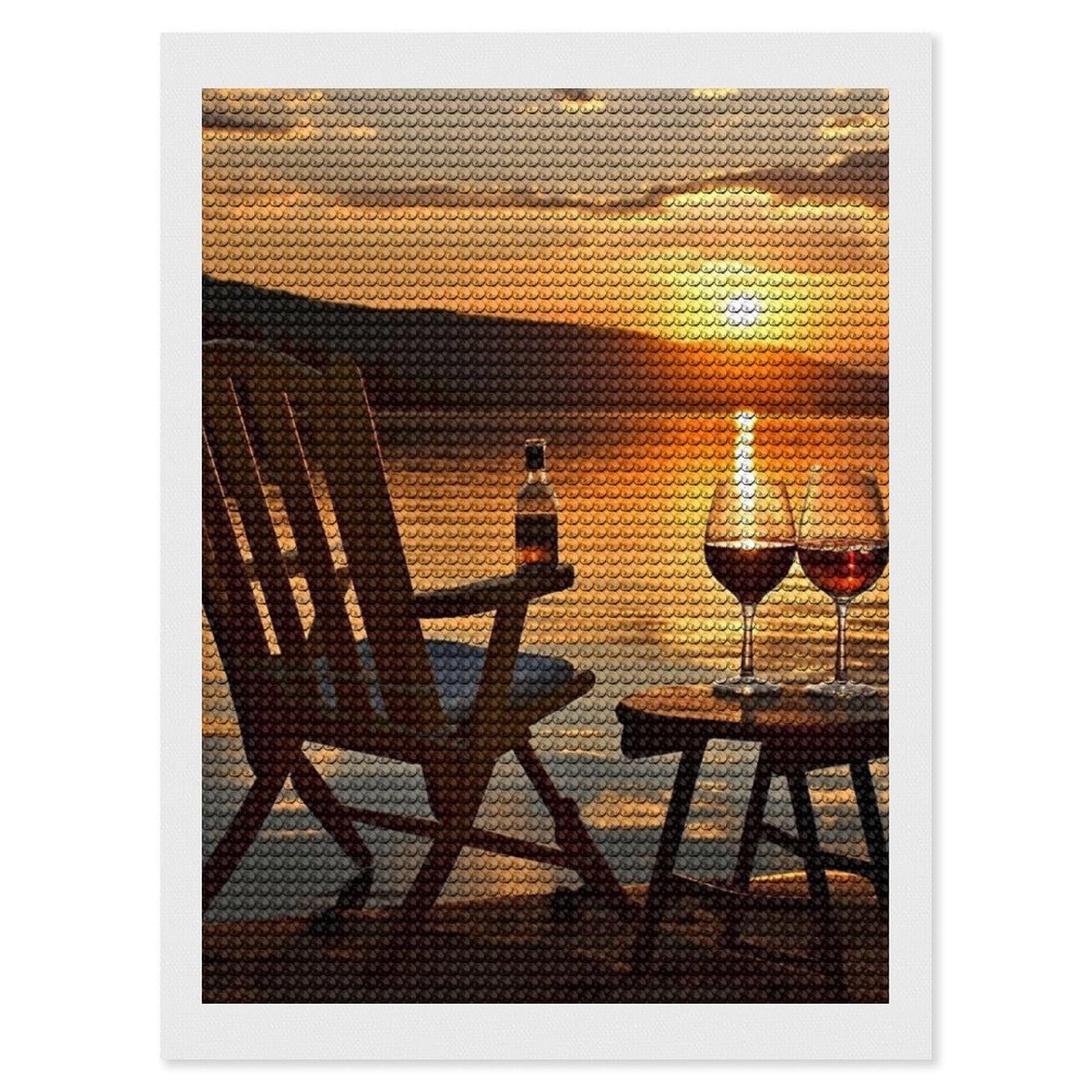 FodPand Diamond Art Kits for Adults, 5D Aurora Diamond Painting Kits for Beginners, Chair and Wine at Sunset Lake DIY Full Drill Dots Gem Art Paint Crafts for Home Wall Decor 12"x16"