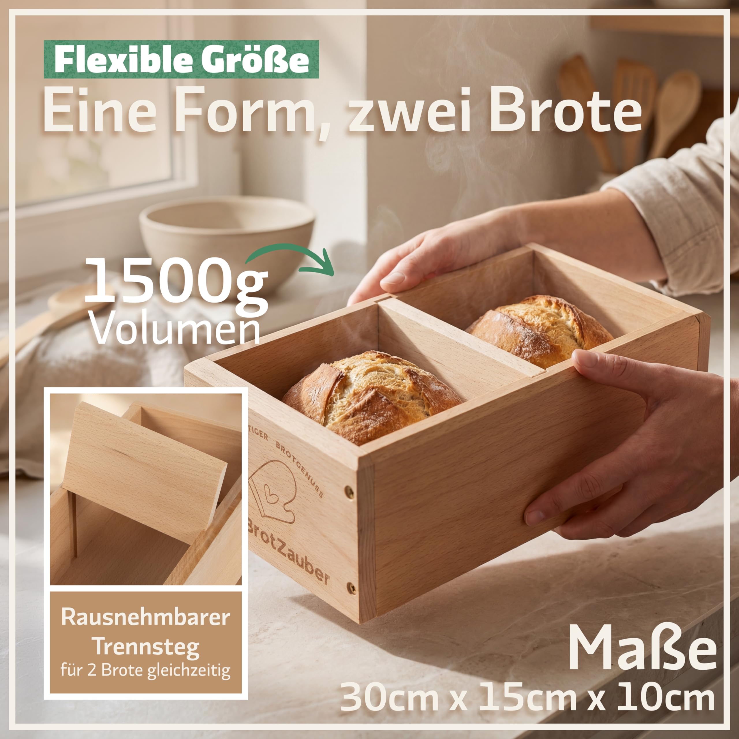 Bambuna Holzbackform Set mit Salz- & Pfeffermühle – Brotbackform für Sauerteig & Artisan Brot + Gewürzmühlen Set – Brot backen Zubehör Küche Geschenk Set