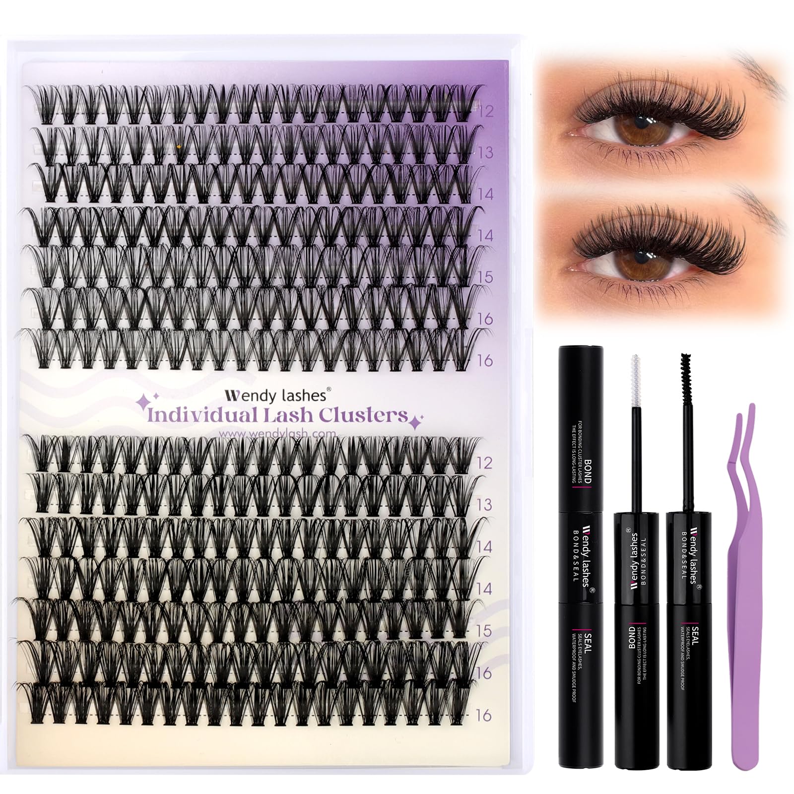 WENDY LASHES Wimpern Extensions Kit FD18+B, Cluster Wimpern D Curl 12–16mm | Lashes Extension Set mit Wimpernkleber und Sealer Lash Remover und Pinzette, für Anfänger Mädchen und Frauen