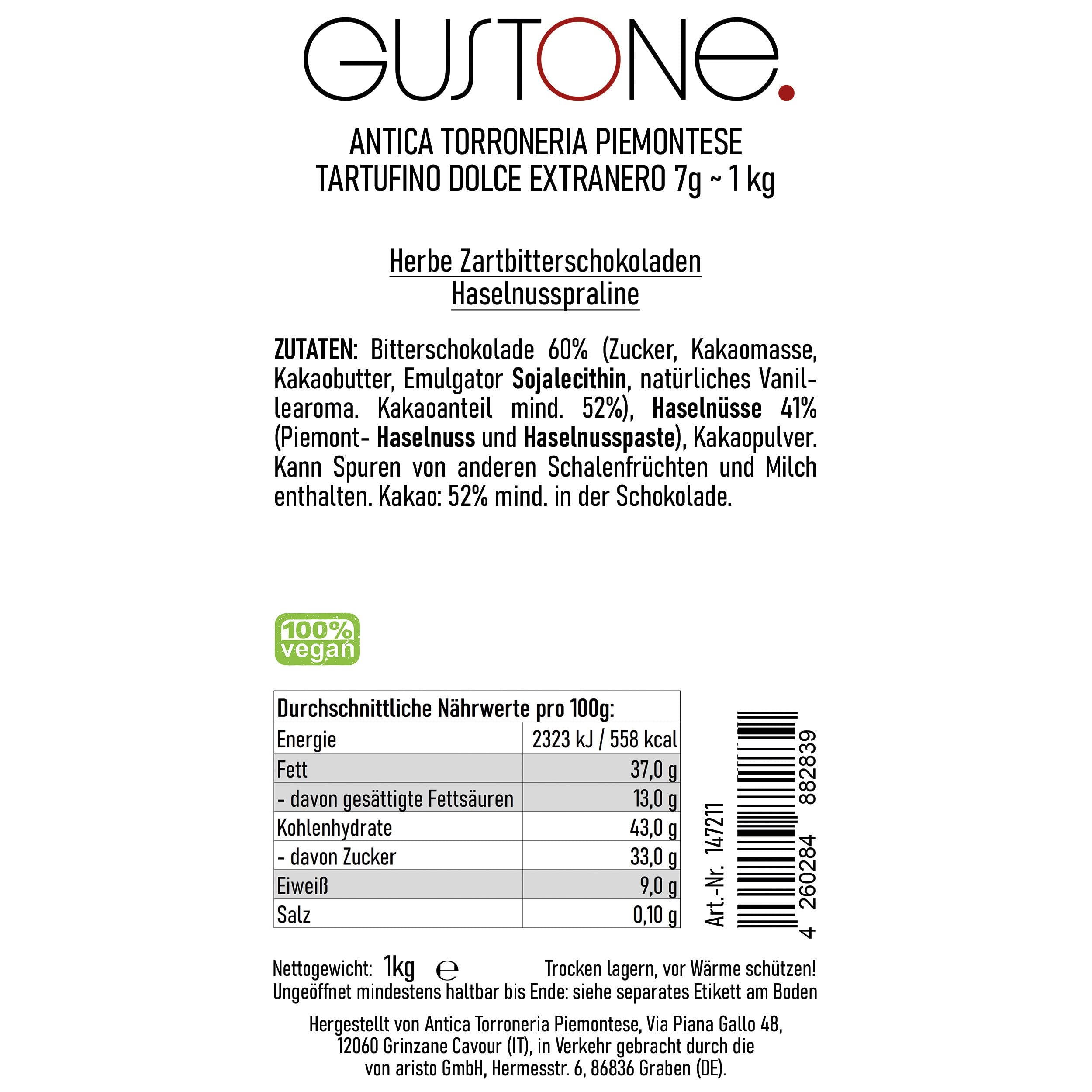 GUSTONE. Tartufin Dolce Extranero Antica Torroneria Piemontese 140 1kg | IGP-geschützte Herkunft, dunkler Zartbitterschokolade, Schokoladentrüffel, seit 1885 in Familienbesitz, 52% Kakao, vegan