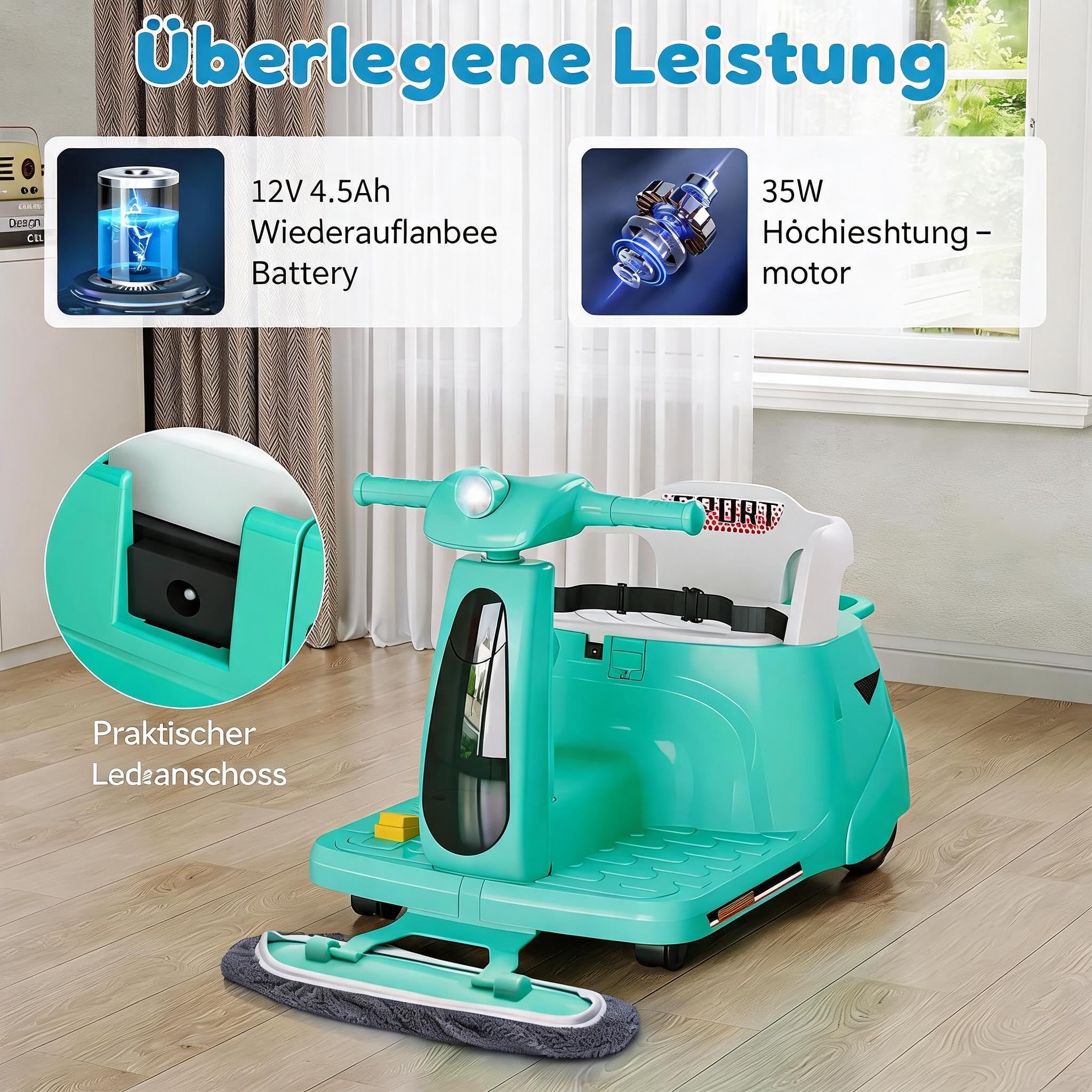 GarveeHome Kinder Elektroauto 12V 2-in-1 Mit Putzfunktion & Fernbedienung, Bluetooth, USB, LED-Lichtern, Grün