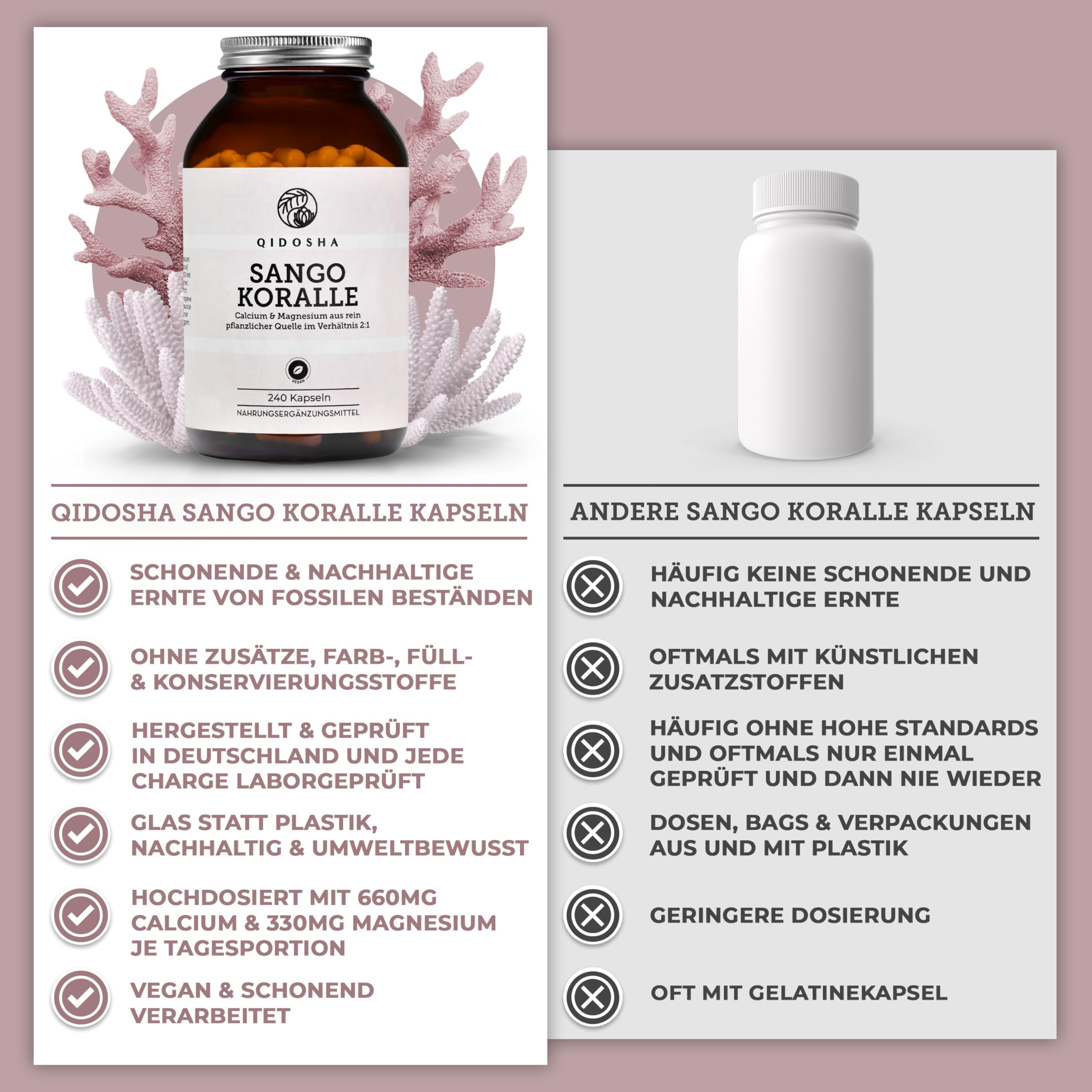 QIDOSHA® Sango Meereskoralle Kapseln, 240 Stk/Glas, hochdosiert mit 660mg Calcium & 330mg Magnesium (optimales 2:1 Verhältnis), nachhaltige Ernte, deutsche Fertigung, jede Charge laborgeprüft