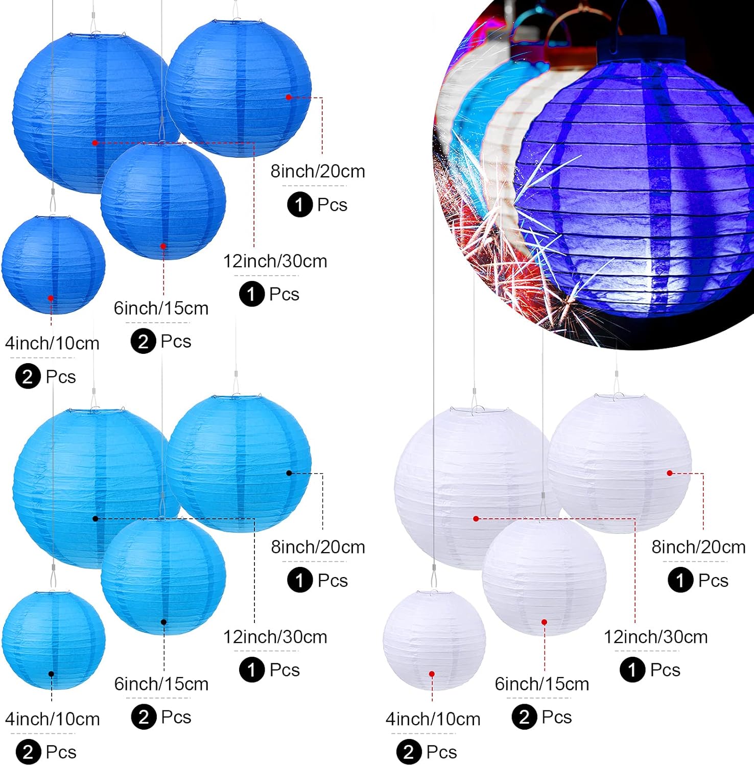 Pelopy 18 Pcs Paper Lanterns 4/6/8/12 Inches Round Chinese Japanese Paper Lanterns for Indoor New Year Valentine's Day Wedding Birthday Party Decorations(Dark Blue, Blue, White,4/6/ 8/12 Inch)