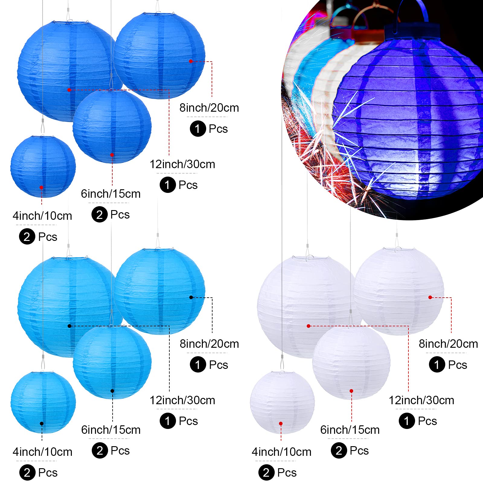 Pelopy 18 Pcs Dark Blue, Blue, White Paper Lanterns 4/6/8/12