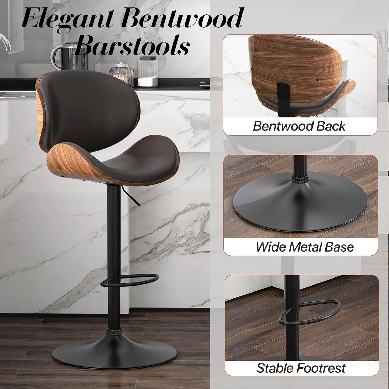 Adjustable Swivel Bar Stools Set of 2, Modern Bentwood Barstool with Large Metal Base and Footrest, PU Leather Upholstered Bar Chair with Curved Back for Kitchen Island Dining Room, Brown
