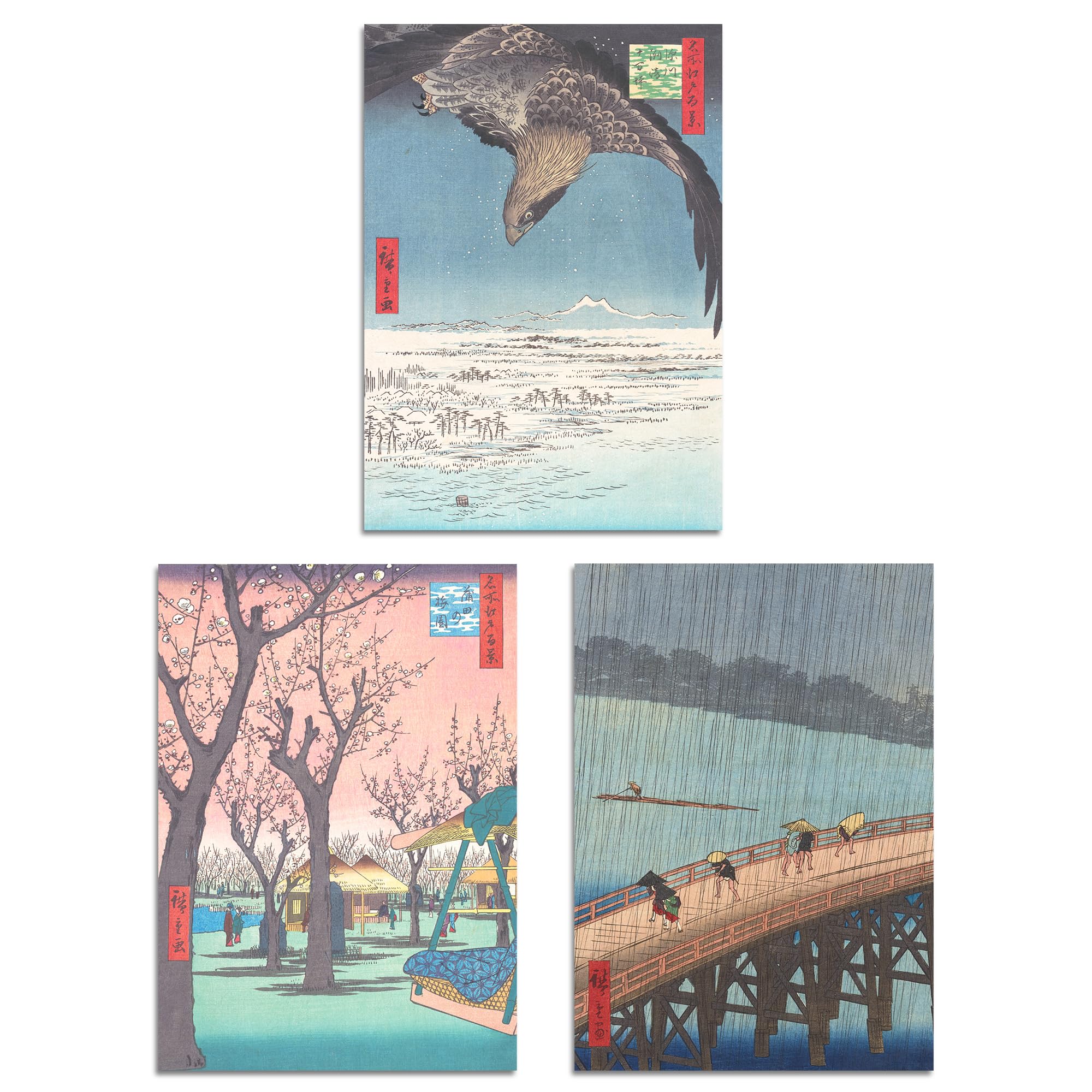 Set of 3 Hiroshige Views of Edo Blue Green Japanese A4 Wall Art Prints