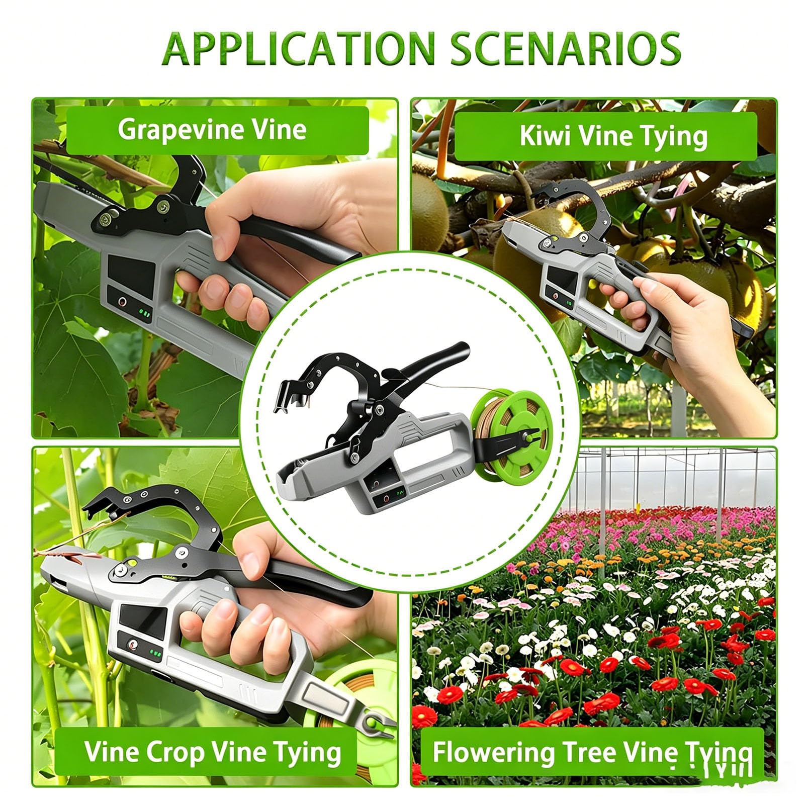 Máquina atadora de plantas inalámbrica, herramienta eléctrica para atar ramas con 2 rollos de hilo para atar uvas, tomates, herramienta de encuadernación de 45 mm para jardinería y agricultura