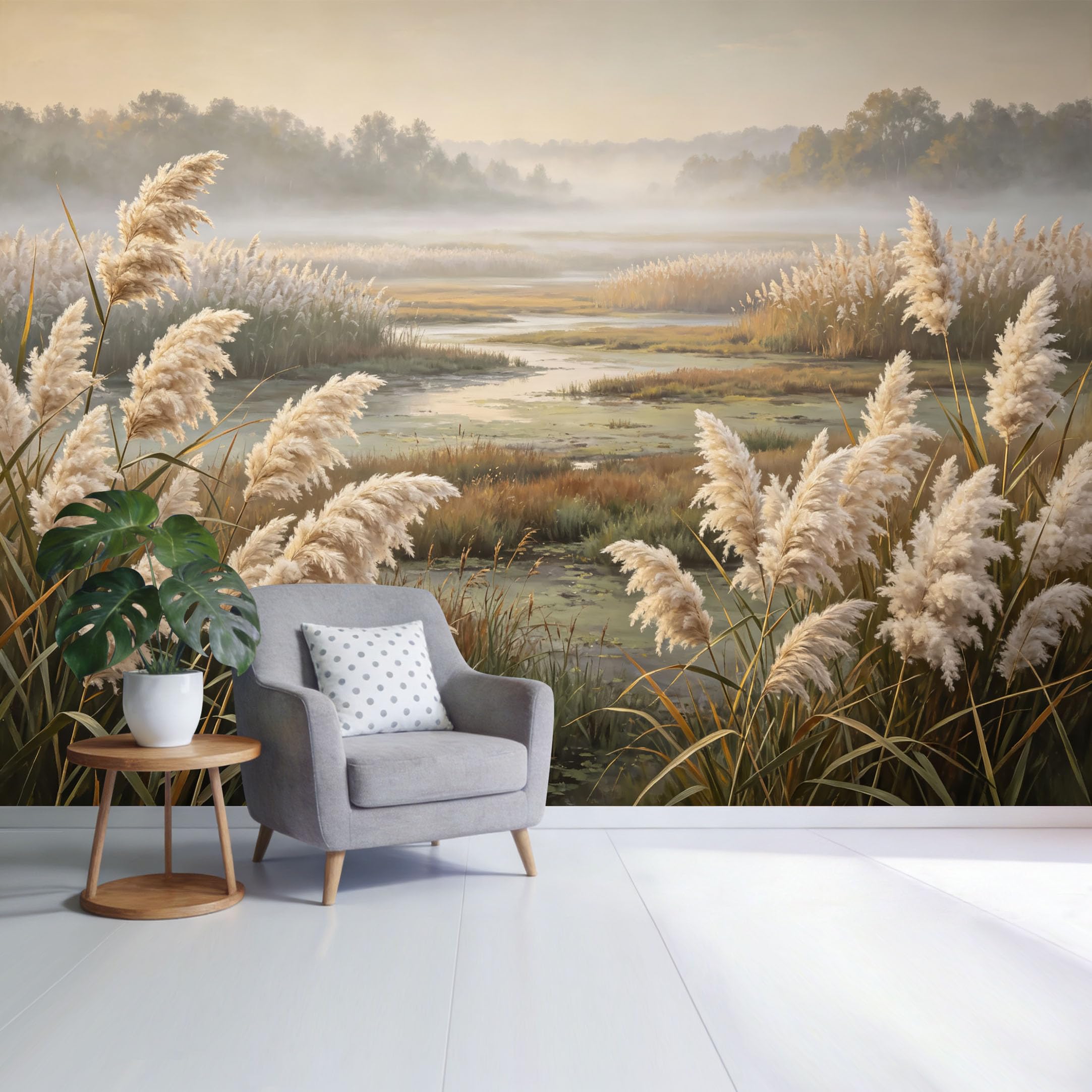 Custom Size Wall Mural Misty Marsh Landscape Reeds and River View Botanical Nature Scene SelfAdhesive Wall Fabric Removable Wallpaper for Home Office Decor