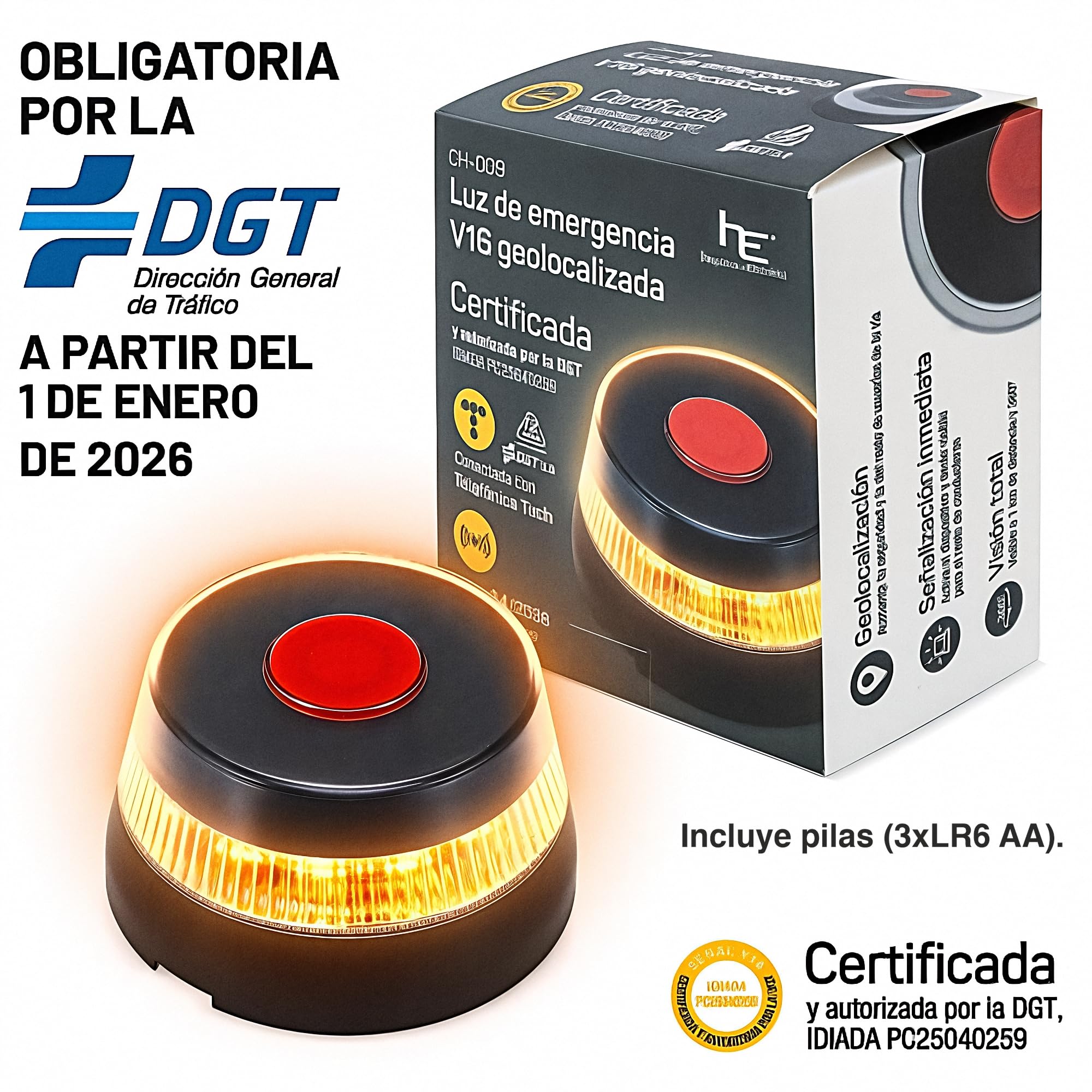 QCM Productos Personalizados Luz Emergencia V16 Geolocalizada Homologada Dgt Ch-009 | Baliza Led Certificada con Conexión Iot Y Geolocalización | Sustituye Triángulos A Partir De 2026