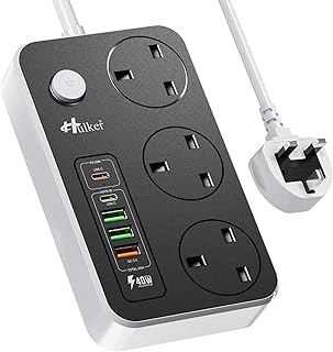 Hulker Extension Lead with USB C Ports Power Strip with 3 Way Outlets 5 USB Slots (1 PD 20W Type-C, 1 QC 18W Fast USB, 3 USB-A Port), Multi Plug Extension Socket with 2 Meter Cord 3250W 13A