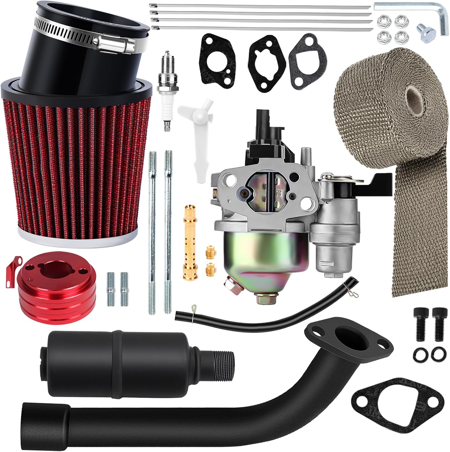 SOFO 212cc Racing Carburetor Exhaust Pipe Muffler Kit - for Predator 212 stage 1 kit 2 Kit Go Kart Mini Bikes 196cc 6.5HP GX160 BT200x CT200u with Air Filter Heat Shield Tape （Red）, HYQ019-HONG-168B