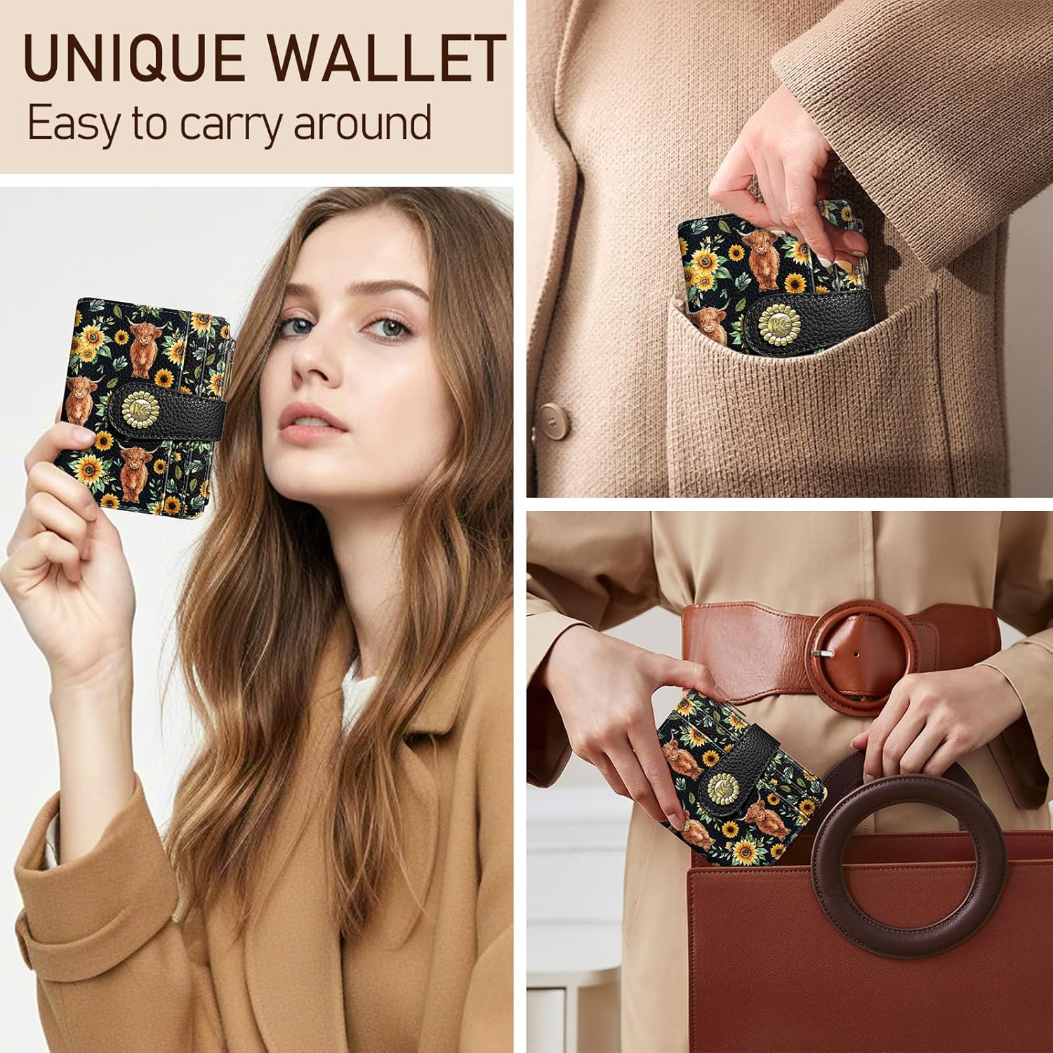 Highland Cow Cattle Sunflower Small Rfid Women Wallet Bifold Zipper Coin Pocket PU Leather Compact Cash Credit Card Holder Travel Wallet for Female Ladies Teen Girls 1 ID Window 10 Card Slots - Image 2