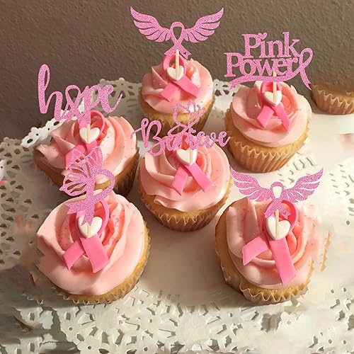 Miniatura 10 de Paquete de 30 adornos para cupcakes con purpurina para concientización sobre el cáncer de mama, decoraciones de cáncer de mama para Believe Hope,