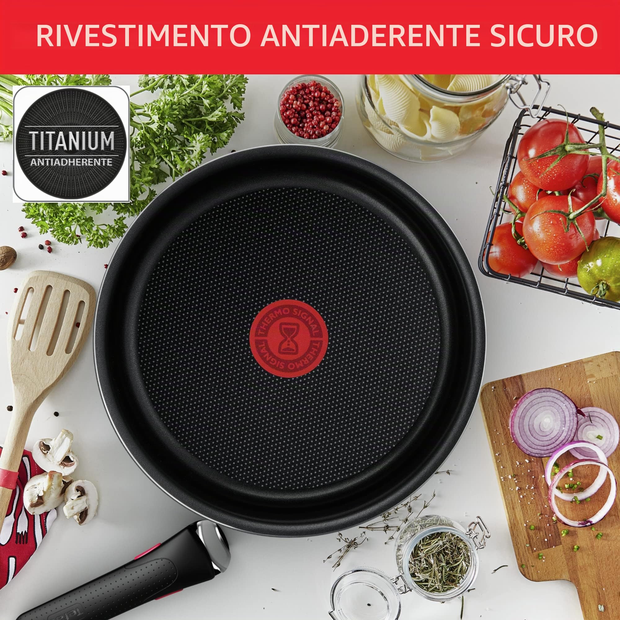 Tefal Ingenio Easy On - Set di 3 padelle + manico estraibile: 3 padelle da 22/24/26 cm, manico rimovibile, padelle antiaderenti, rivestimento titanio, Thermo-signal, lavabile in lavastoviglie e forno