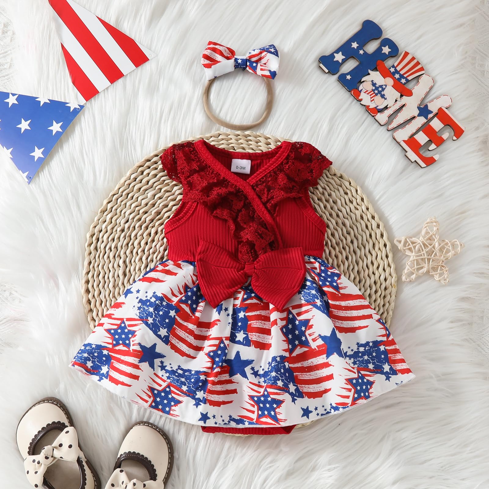 FYBITBO Baby Girl 4th Fourth of July Outfit My First 4th of July Romper Dress Newborn Onesie American Flag Clothes (Red American Flag,6-9 Months)