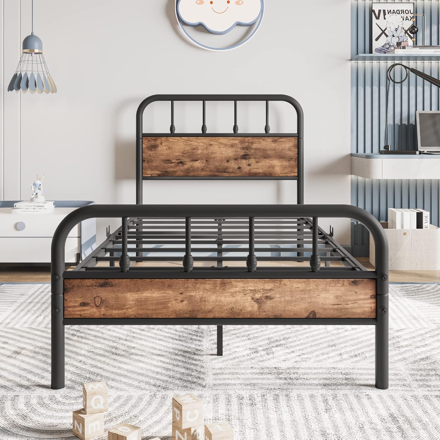 Twin Size Metal Bed Frames with Wood Headboard and Footboard,Heavy Duty Steel Slat,No Box Spring Needed,Mattress Foundation Easy Assembly,Under Bed Storage(Black and Brown) - Image 7