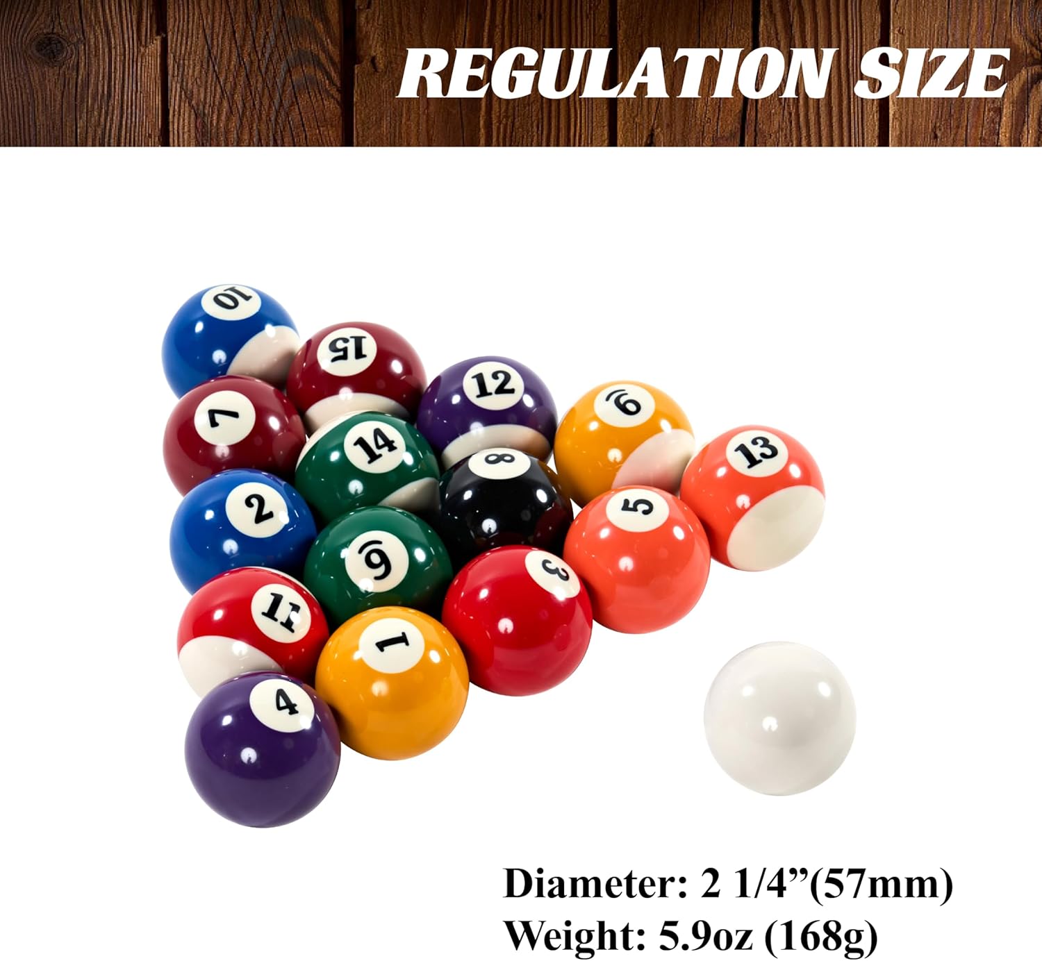Barrington Billiards 16-Piece Pool Ball Set with Triangle Rack, 2-1/4 Inch Complete Regulation Set, 7 Solid, 7 Striped, 1 Black Eight-Ball, 1 White Cue Ball, Durable and Scratch Resistant