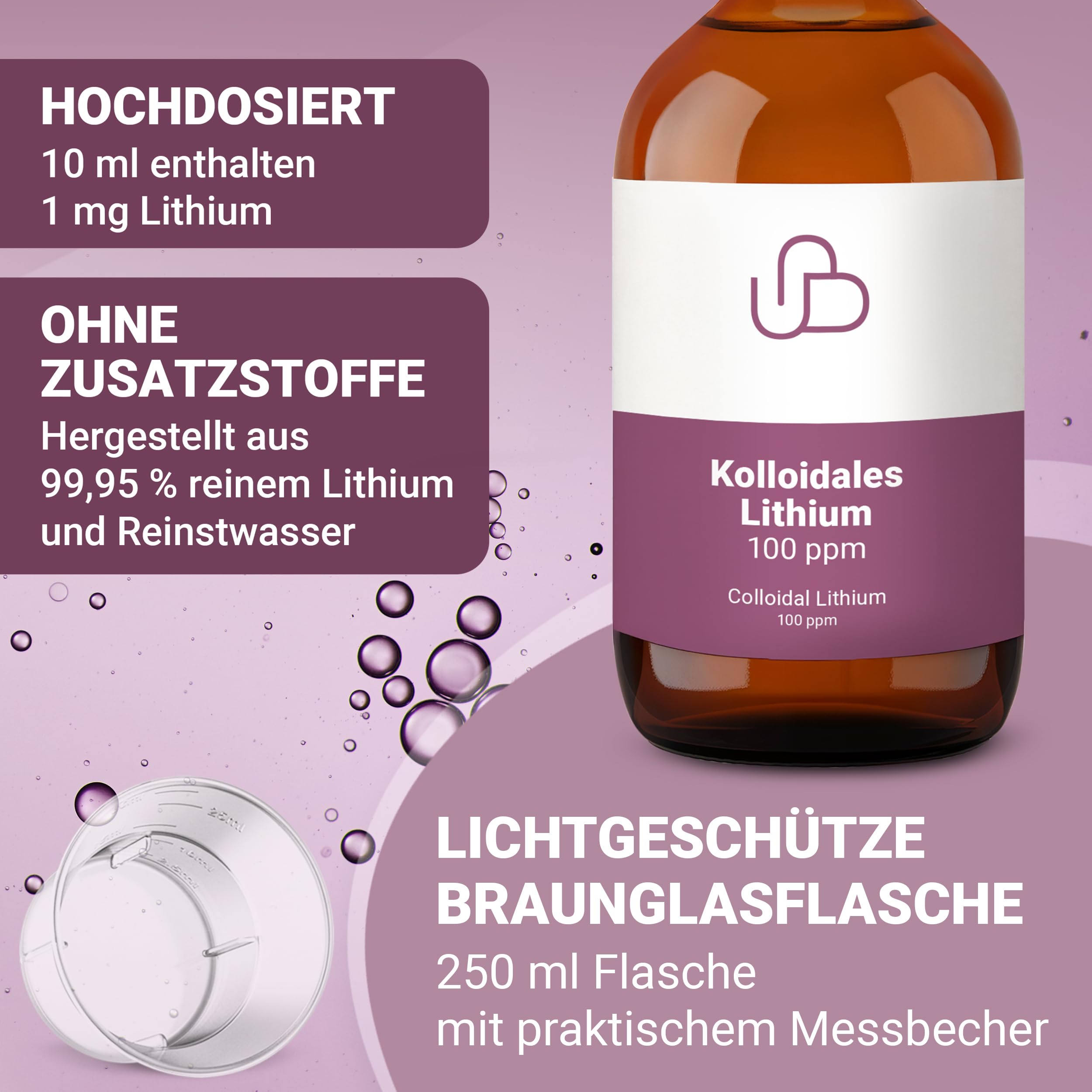 Kolloidales Lithium 100 Ppm – 250 Ml Braunglas, 99,95% Reinheit, Inkl. Dosierbecher, Laborgeprüft