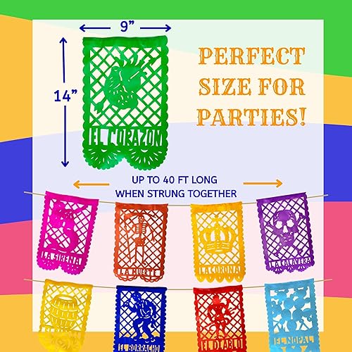 Miniatura 3 de La Loteria - Juego de pancartas de fiesta mexicana (50 pies, papel), papel picado con diseños de tarjetas de bingo mexicanas, decoraciones de fiesta