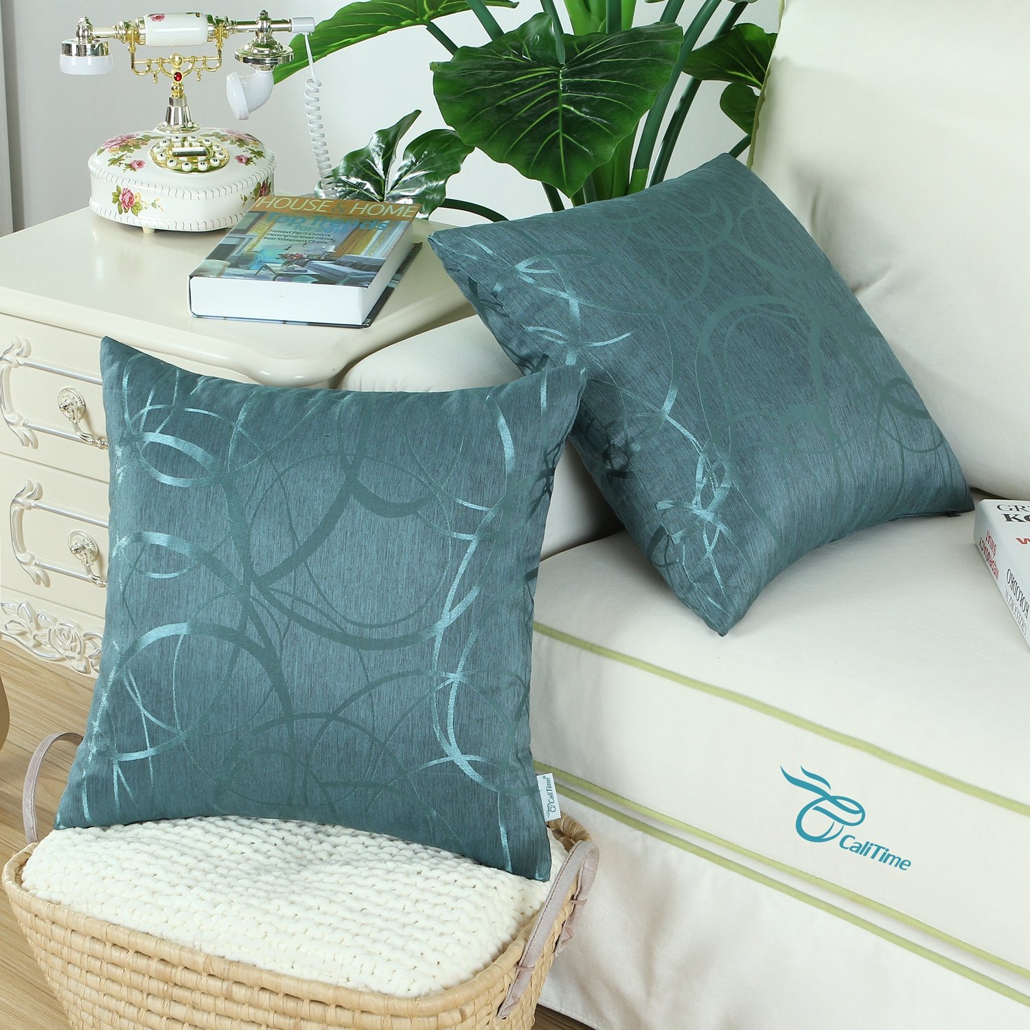 CaliTime Cushion Covers Pack of 2 Throw Pillow Cases Shells for Couch Sofa Home Decor Modern Shining & Dull Contrast Circles Rings Geometric 55cm x 55cm Teal - Image 4