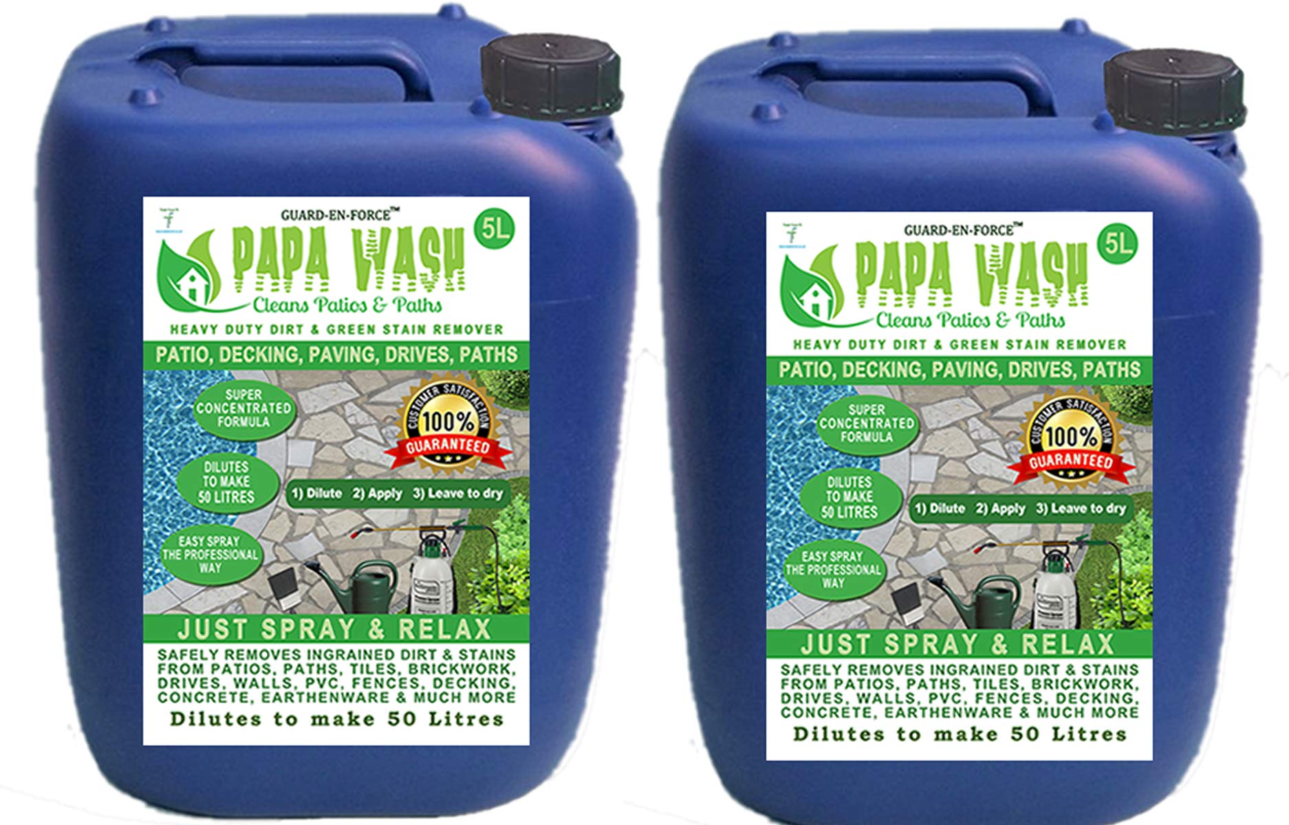 2 X 5 Litres PAPA WASH - PATIO and PATH CLEANER - Super Concentrated Liquid Green Cleaner For All Hard Surfaces. Decking, Paving, Brickwork, PVC, Greenhouses, etc. Just Spray and Relax