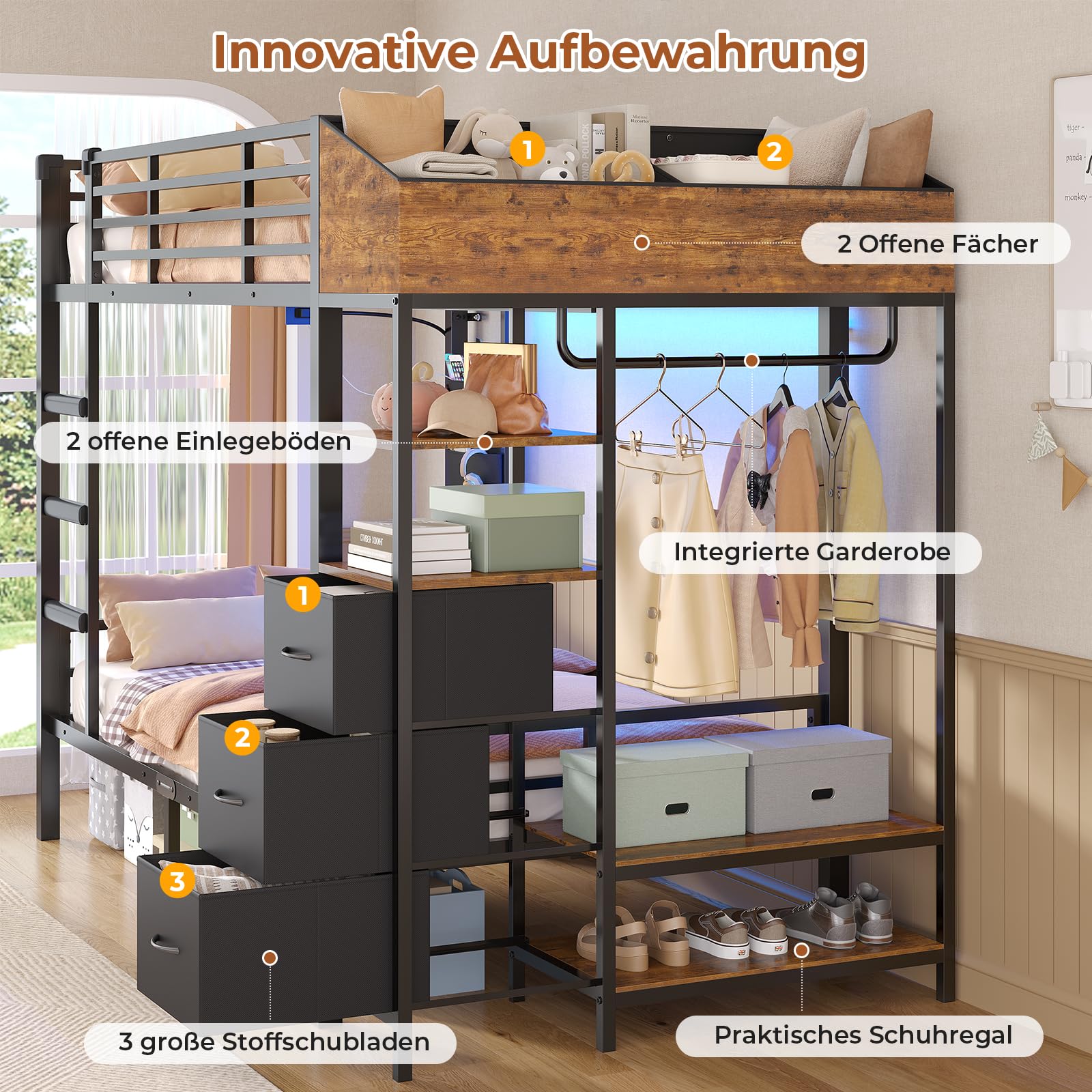 AOGLLATI Lit Superposé Enfant avec Éclairage LED et 4 Ports USB, Lit Mezzanine 2 Places avec 4 Étagères, Tringle, Sac, 3 Tiroirs et 2 Niche en Tissu, Lit Enfant 90x200 en Métal pour Familles Nombreux