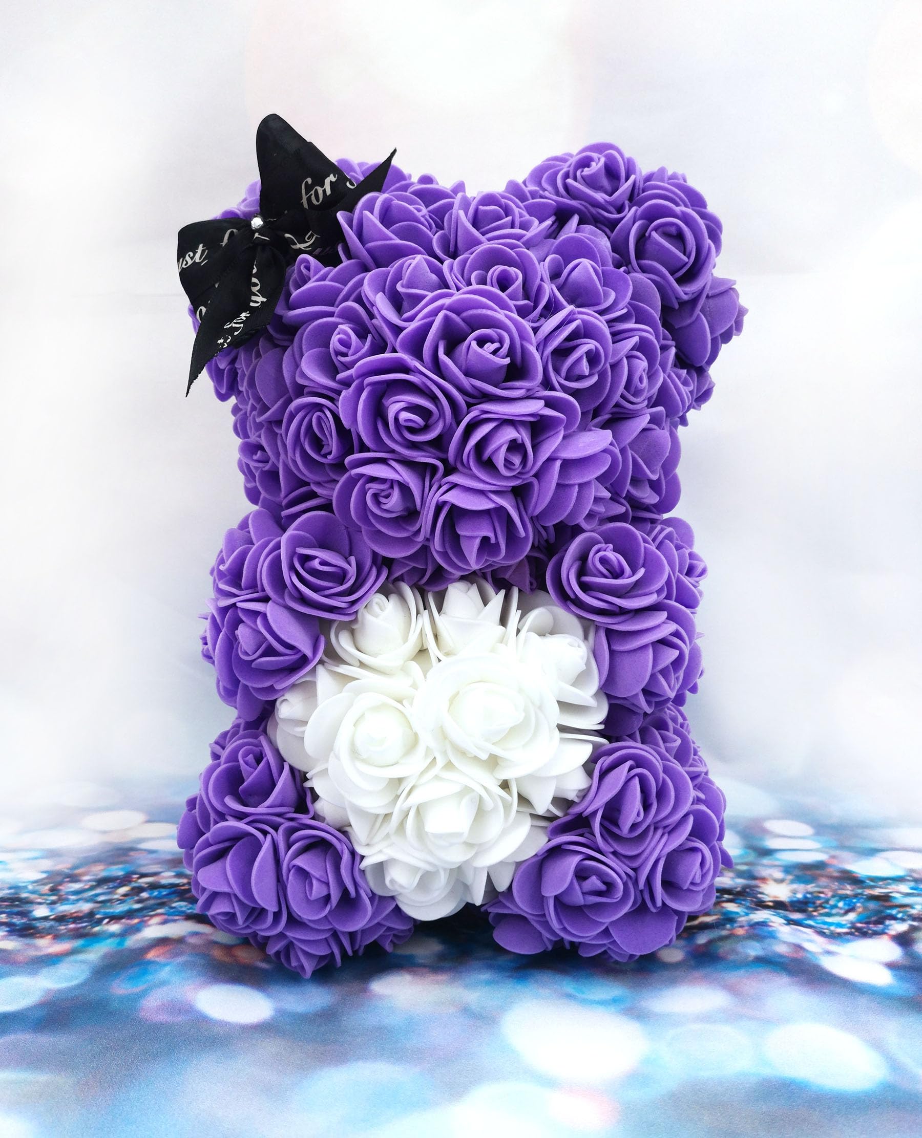 Hacdy Women's Purple Bear, White Heart Rose Bear Floral Gift For Artificial Flower Teddy Bear With Gift Box, Valentine's Day Gift For Girlfriend, Wife, Mother, Daughter, Birthday (Purple Bear, White Heart)