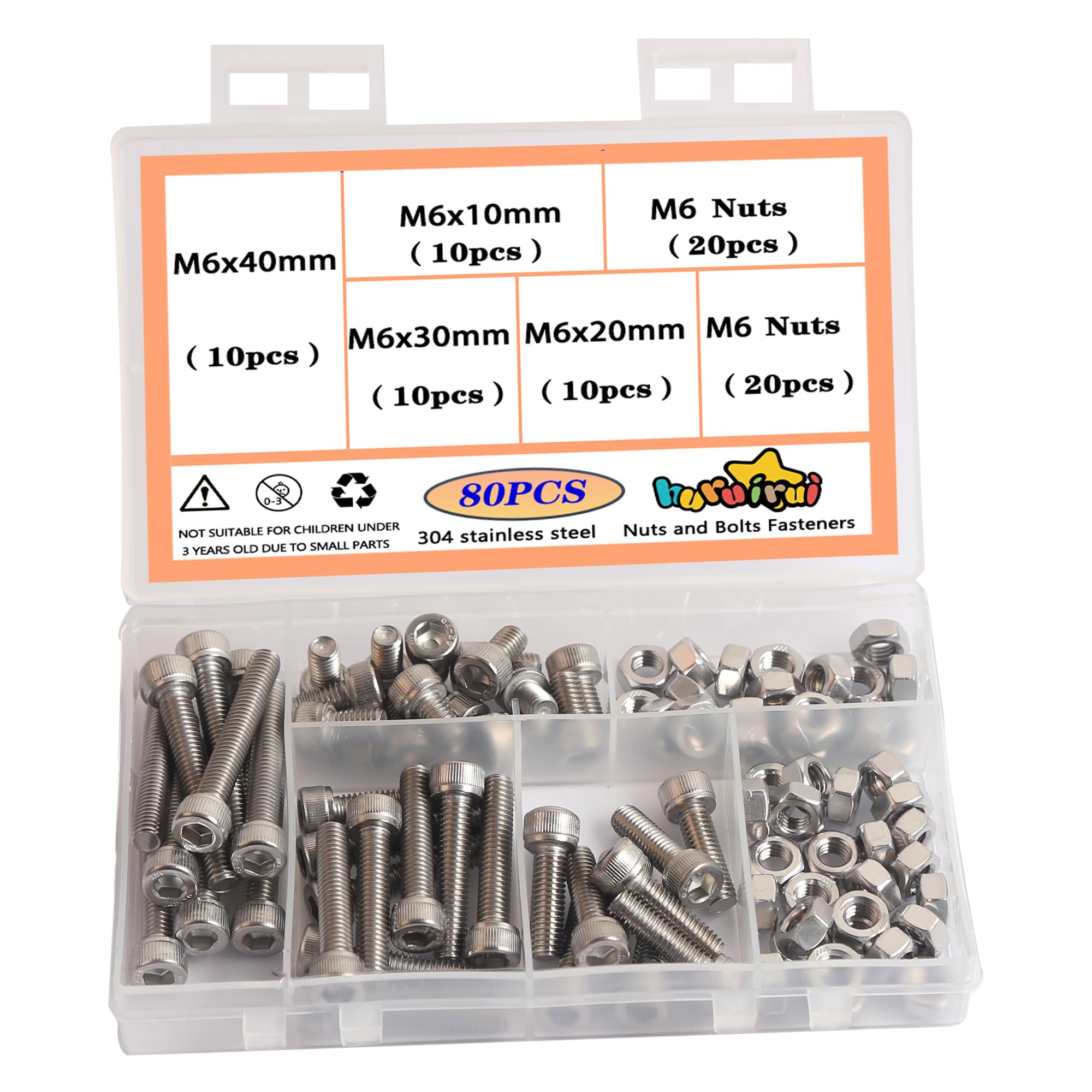 M6 Hex Socket Head Cap Screws - 304 Stainless Steel Bolts and Nuts Set - Rustproof,Nuts and Bolts for Car and Boat Accessories Machine Screw 80pcs