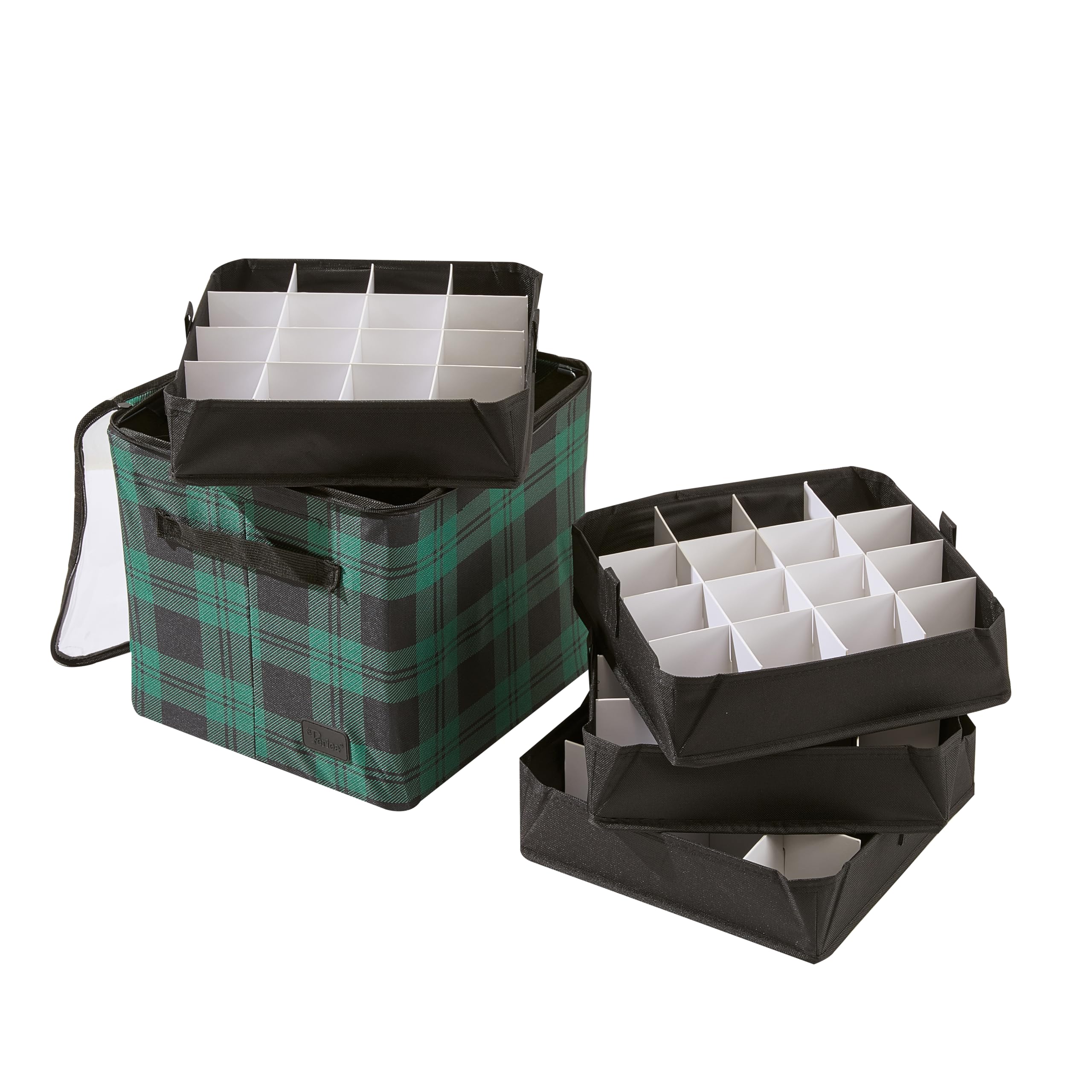 Periea 'Carol' Christmas Bauble Storage Box with 64 Slots: Collapsible with Metal Frames, Dividers, and Zippered Closure - Ideal for Delicate Xmas Ornament Decorations & Baubles - Green Tartan