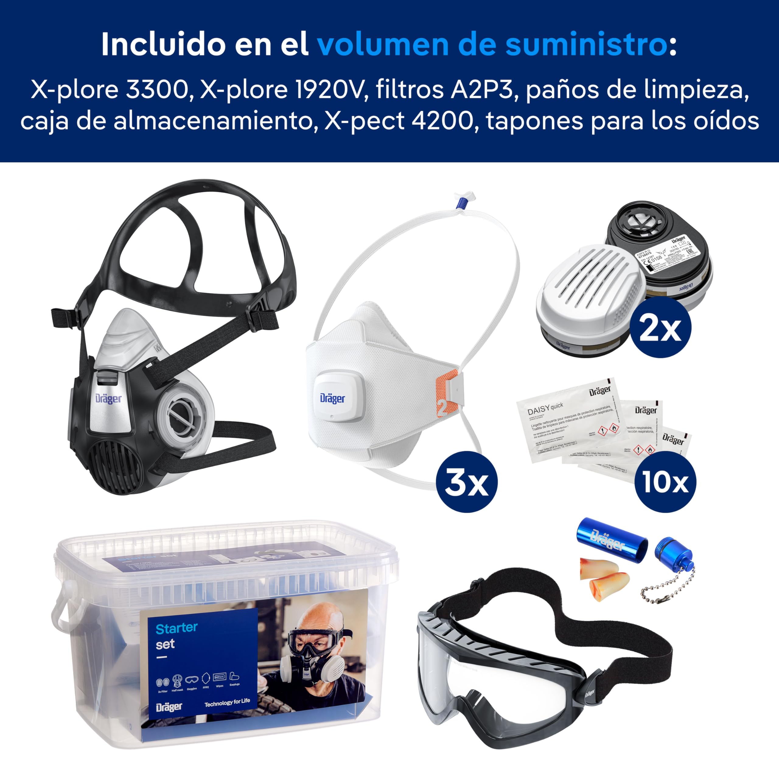 Dräger Kit básico de protección respiratoria artesanos – incluye media máscara X-plore 3300 M, filtros A2P3, 3 mascarillas FFP2, gafas X-pect 4200, tapones para los oídos y paños de limpieza
